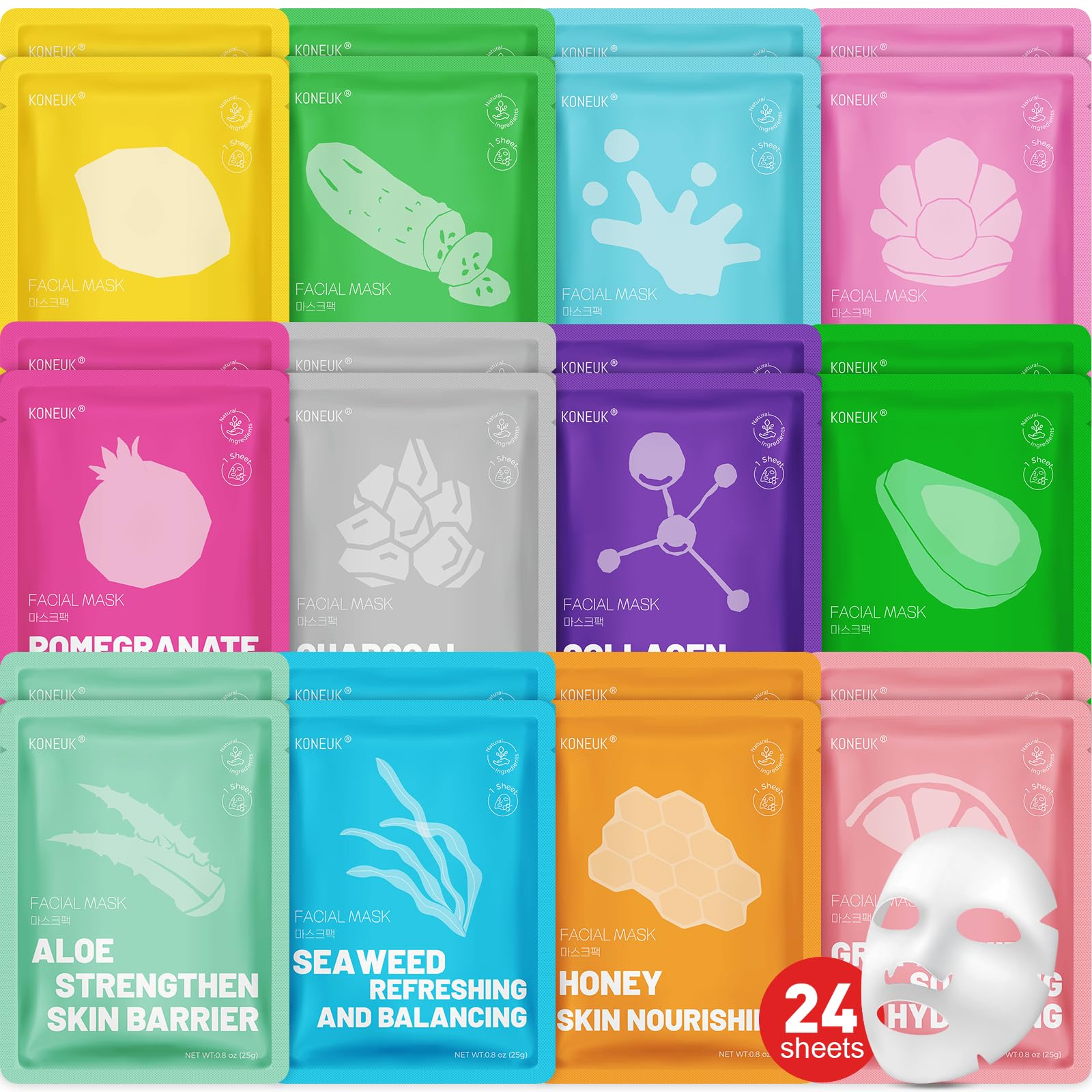 Mascarillas faciales KONEUK 24-pack en caja, ideal para sesiones de spa en casa.
