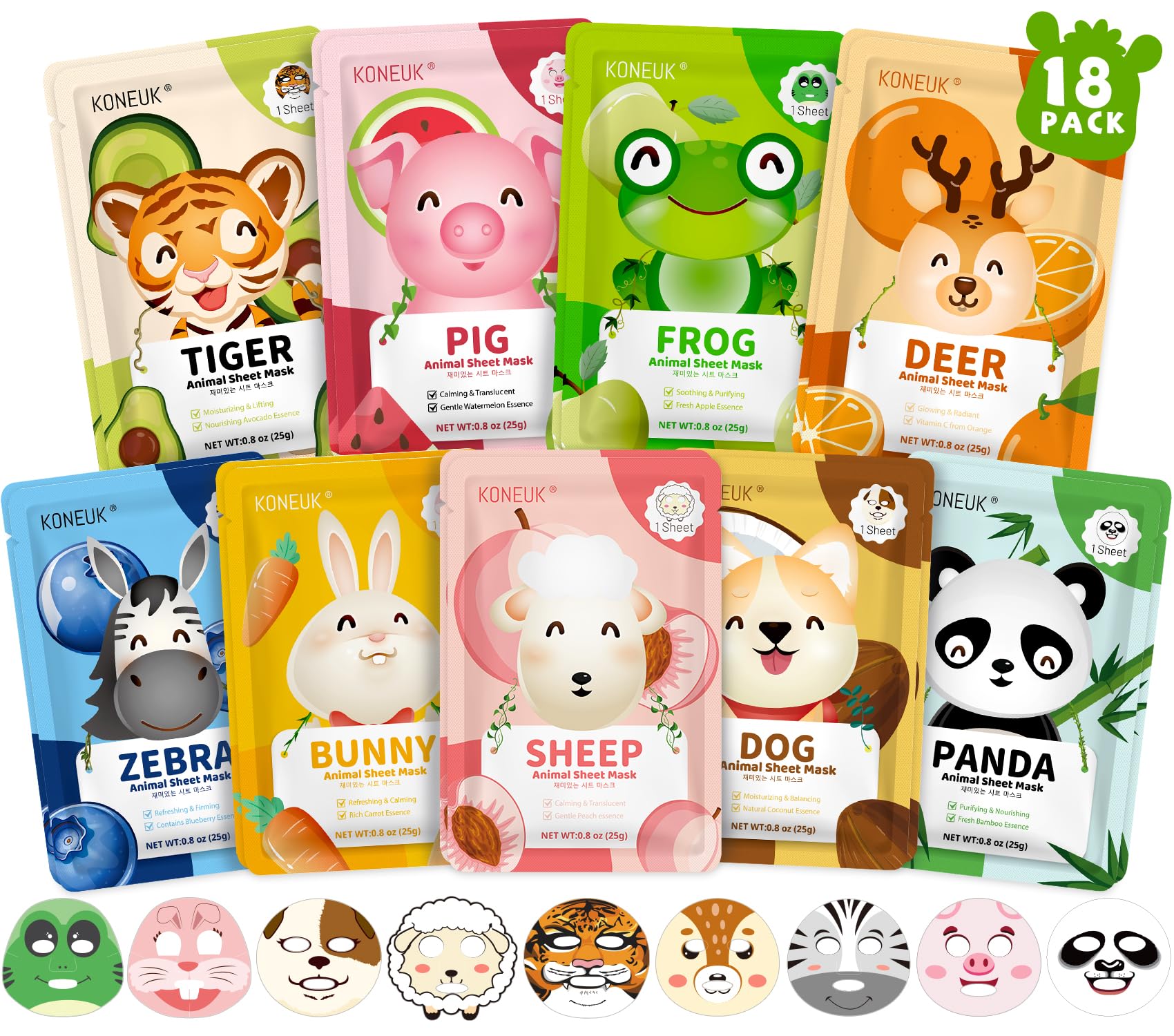 Conjunto de 18 mascarillas faciales KONEUK para niños, perfecto para spa en casa.