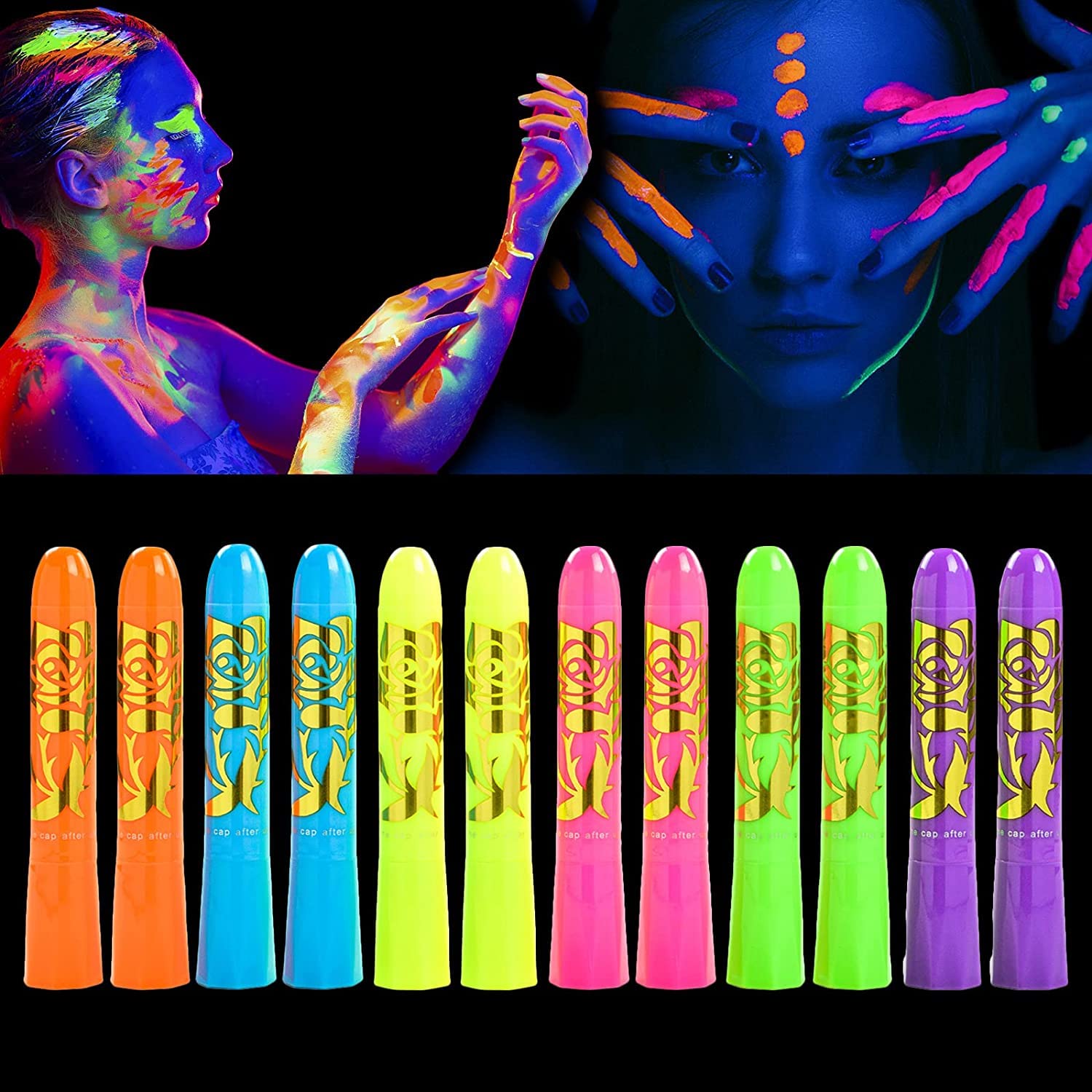 KongJuntzd pintura corporal fluorescente, resalta bajo luz UV en eventos.