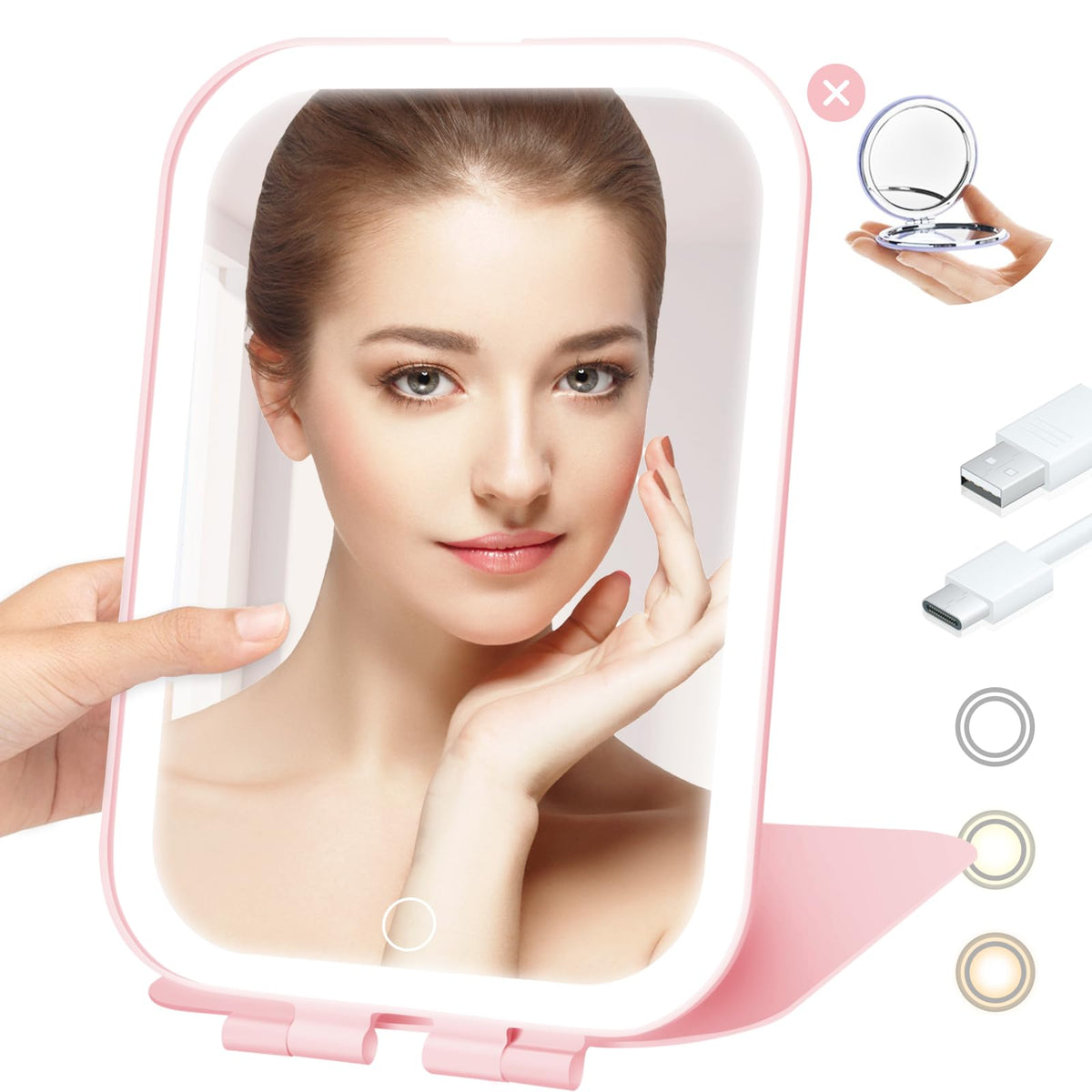 Koolstuffs Travel Mirror with Light front view, adjustable LEDs for precise makeup