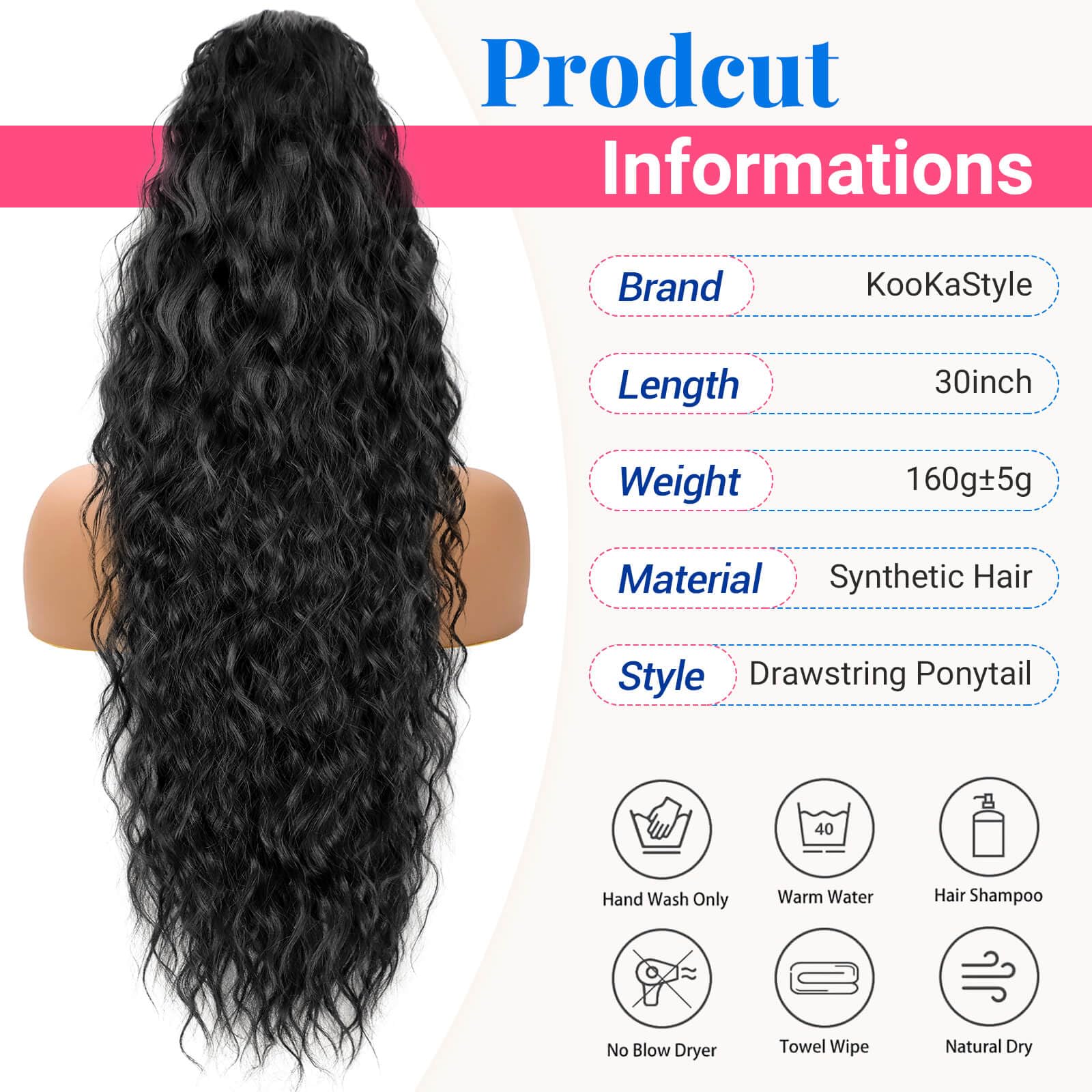 Koookastyle drawstring pony tail with two combs for secure fit