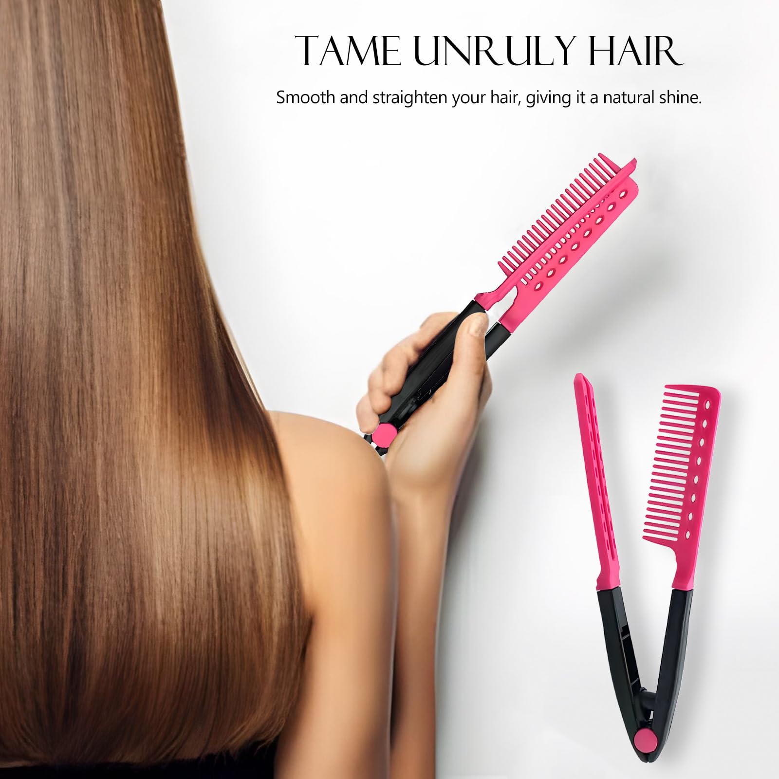 Kootinn V-shaped comb for efficient hair prep before straightening.