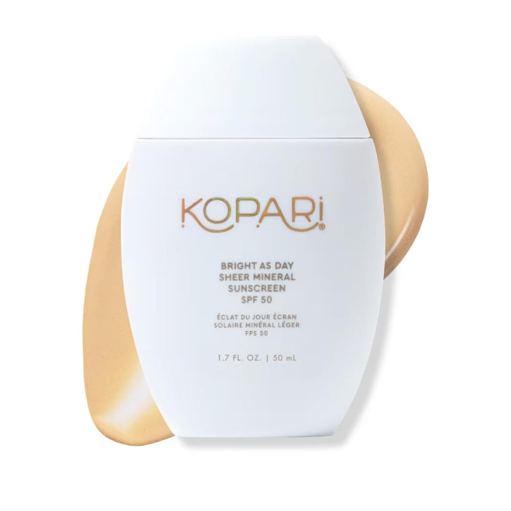 Kopari Bright Day sunscreen bottle showcasing mineral SPF 50 protection for daily use