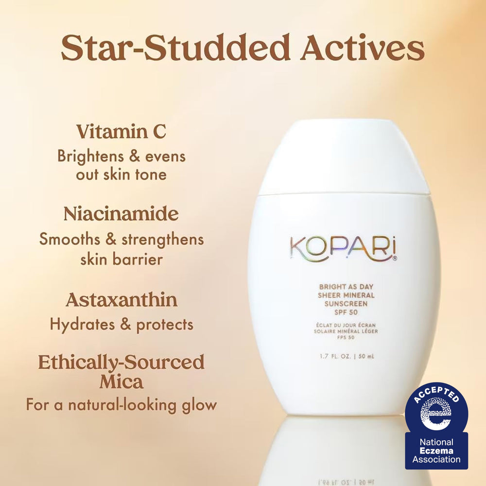 Kopari Bright Day SPF 50 label emphasizes non-nano zinc oxide protection and reef-safe formula