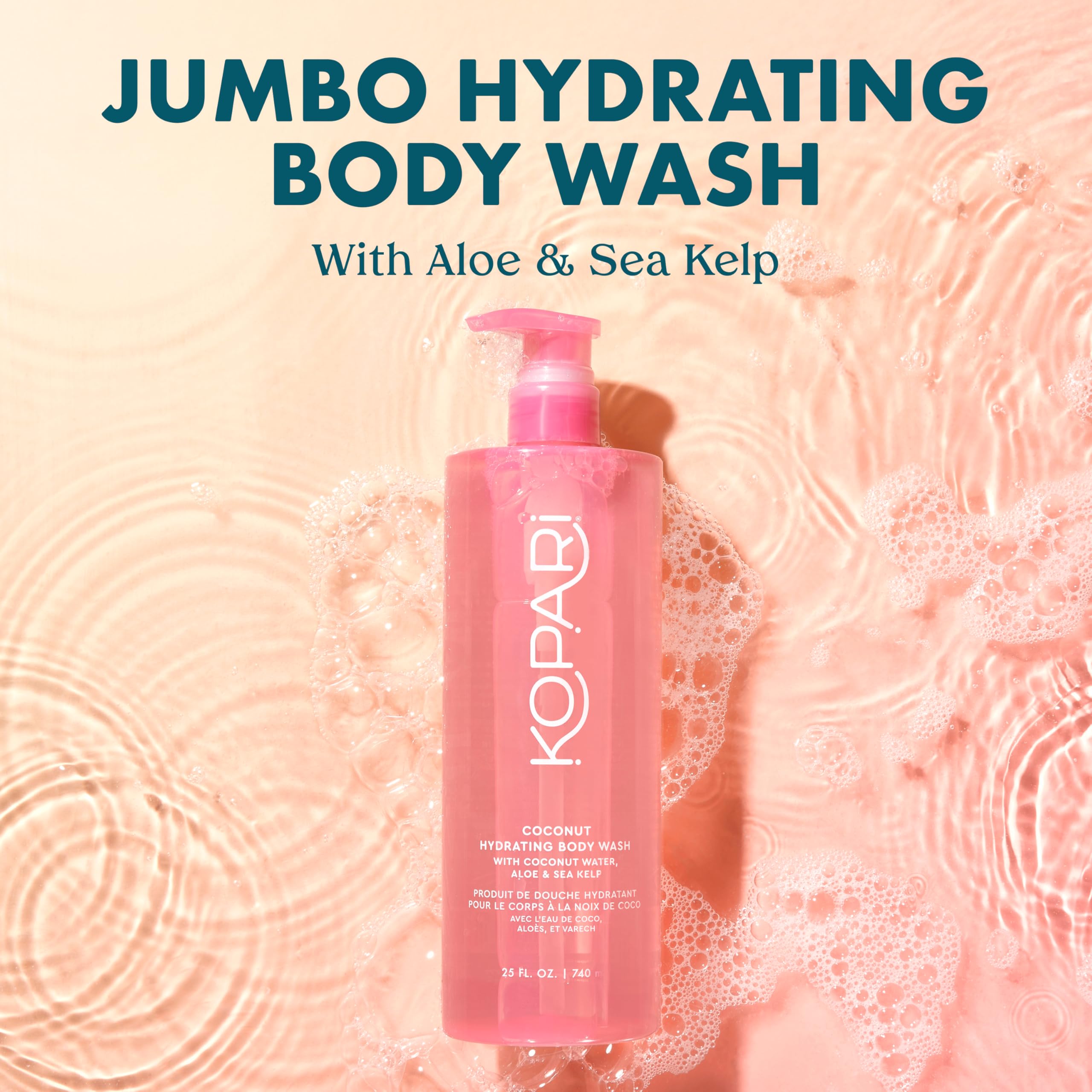 Kopari coconut water sea kelp aloe lather delivers hydrating cleanse during shower.