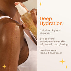 Kopari Golden Aura bottle pour showing luxurious vanilla scent profile.