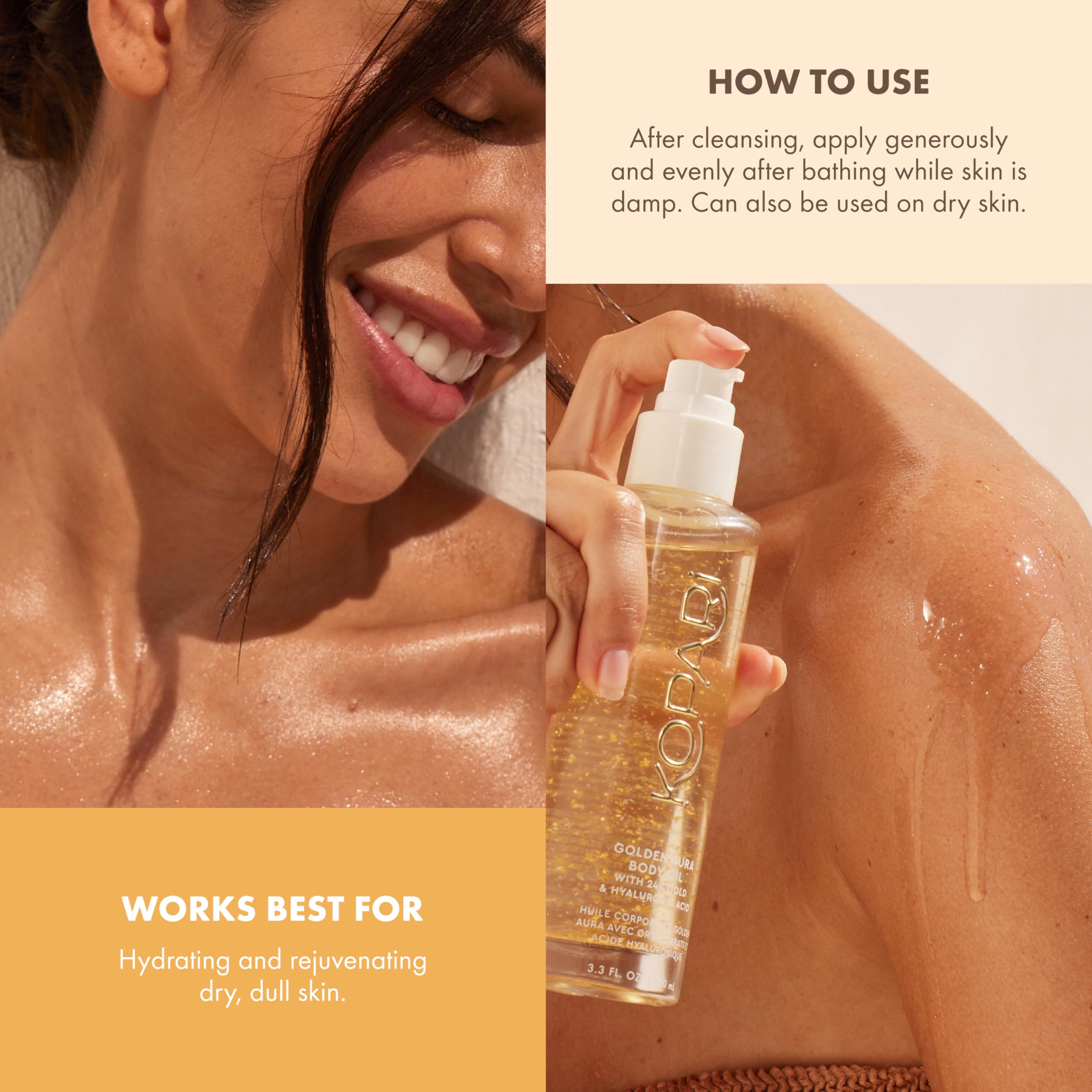 Kopari Golden Aura oil shimmer against soft background highlight gold details.