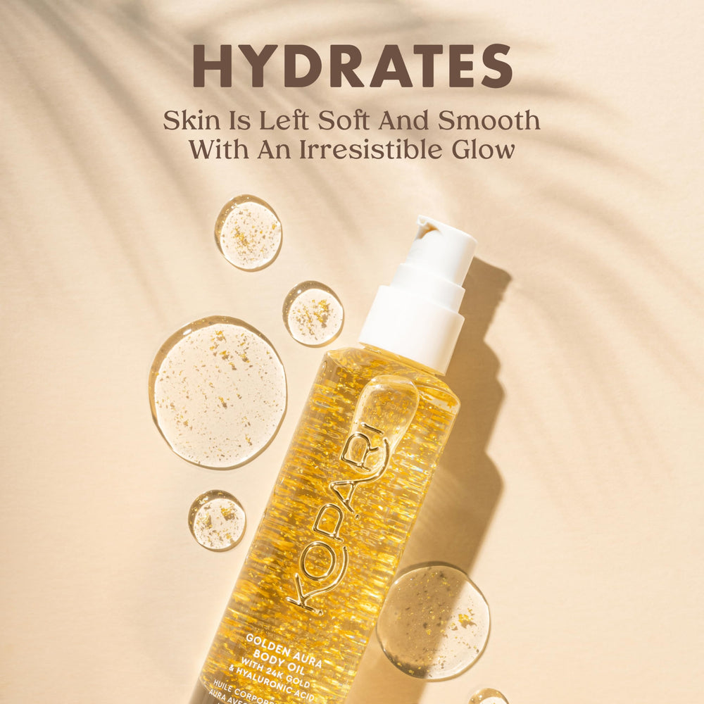 Kopari Golden Aura oil on skin delivering a subtle dewy glow.