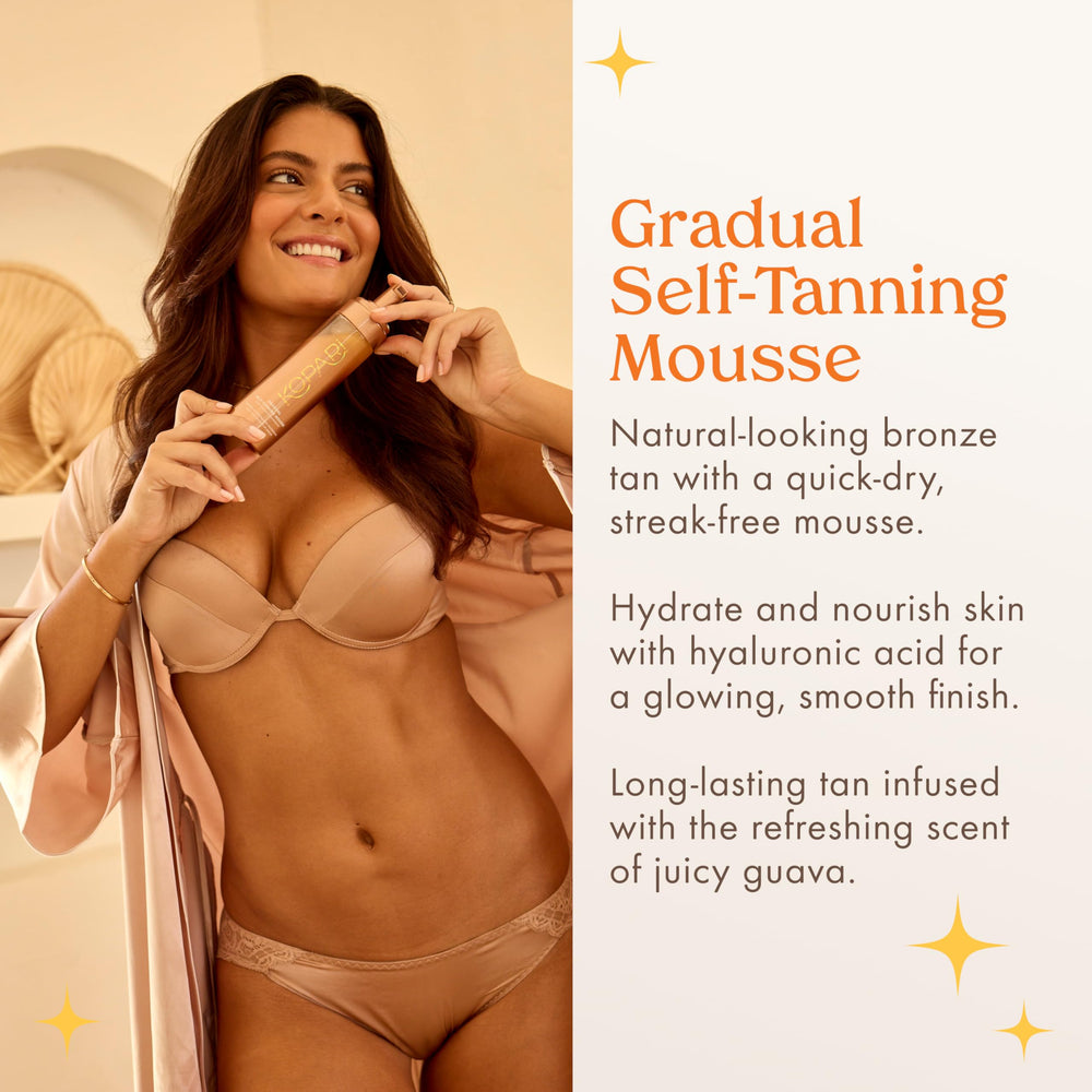 Kopari gradual self-tanning mousse demonstrates even color with a natural bronzed look