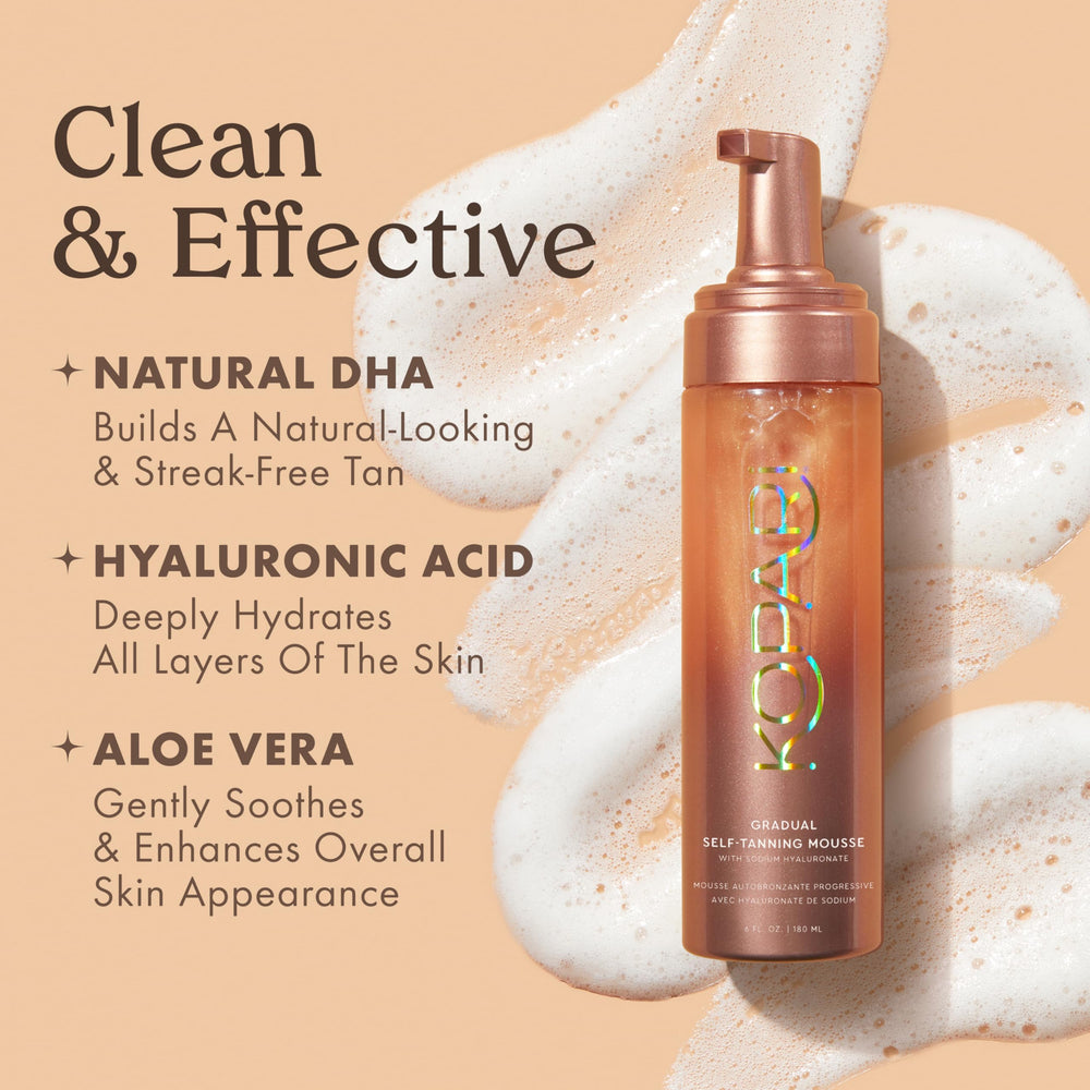 Kopari gradual self-tanning mousse delivers a smooth, streak-free finish for everyday glow