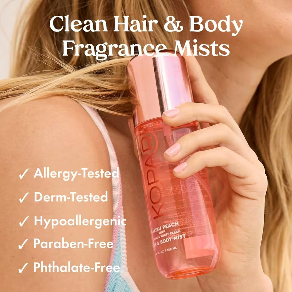 Kopari Malibu Peach mist close-up label highlighting dermatologist-tested formula.