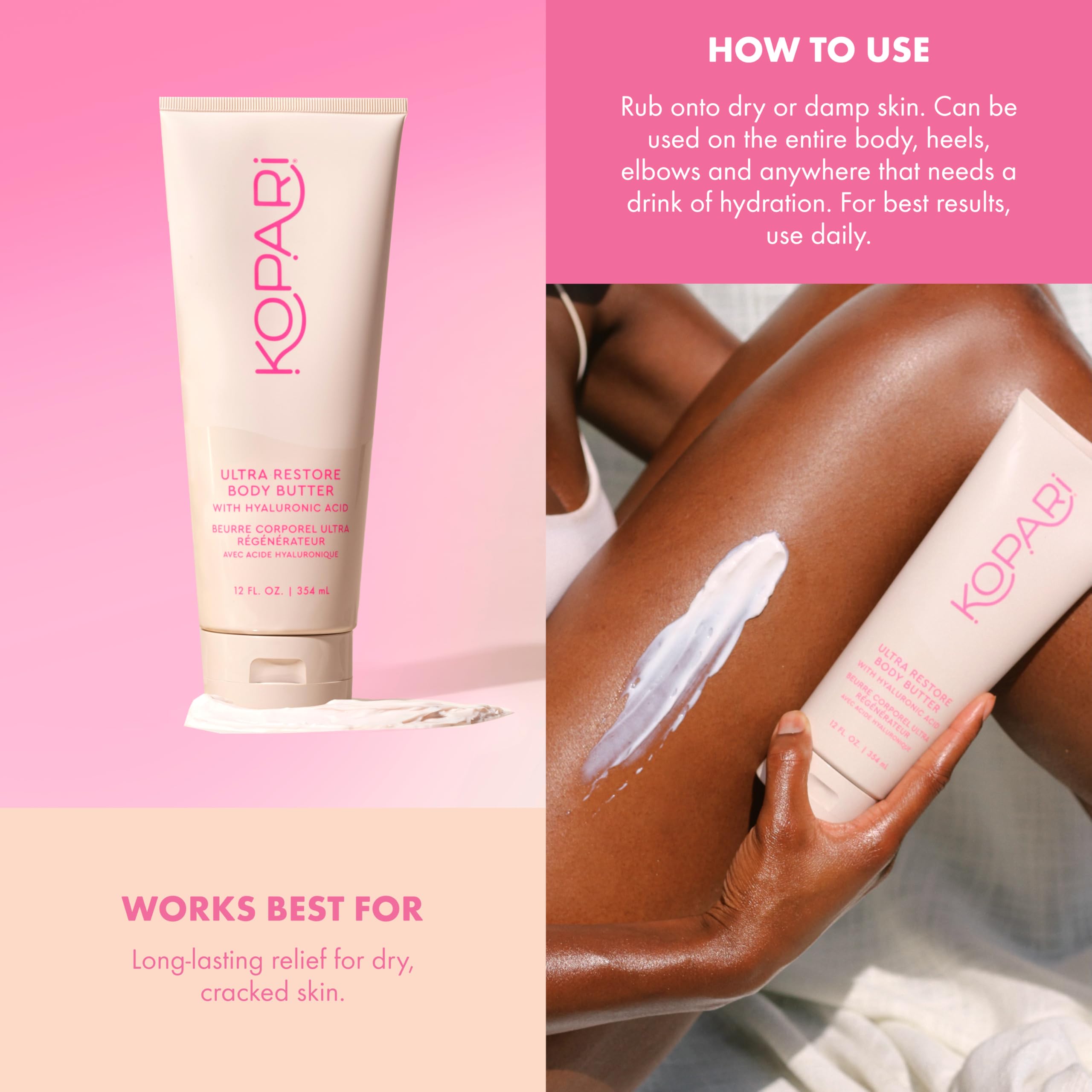 Kopari Jumbo Ultra Restore Butter on skin with coconut scent for tropical vibe.