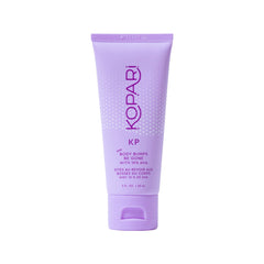 Kopari KP Body Bumps Be Gone exfoliating scrub jar on a bathroom shelf for smoother skin
