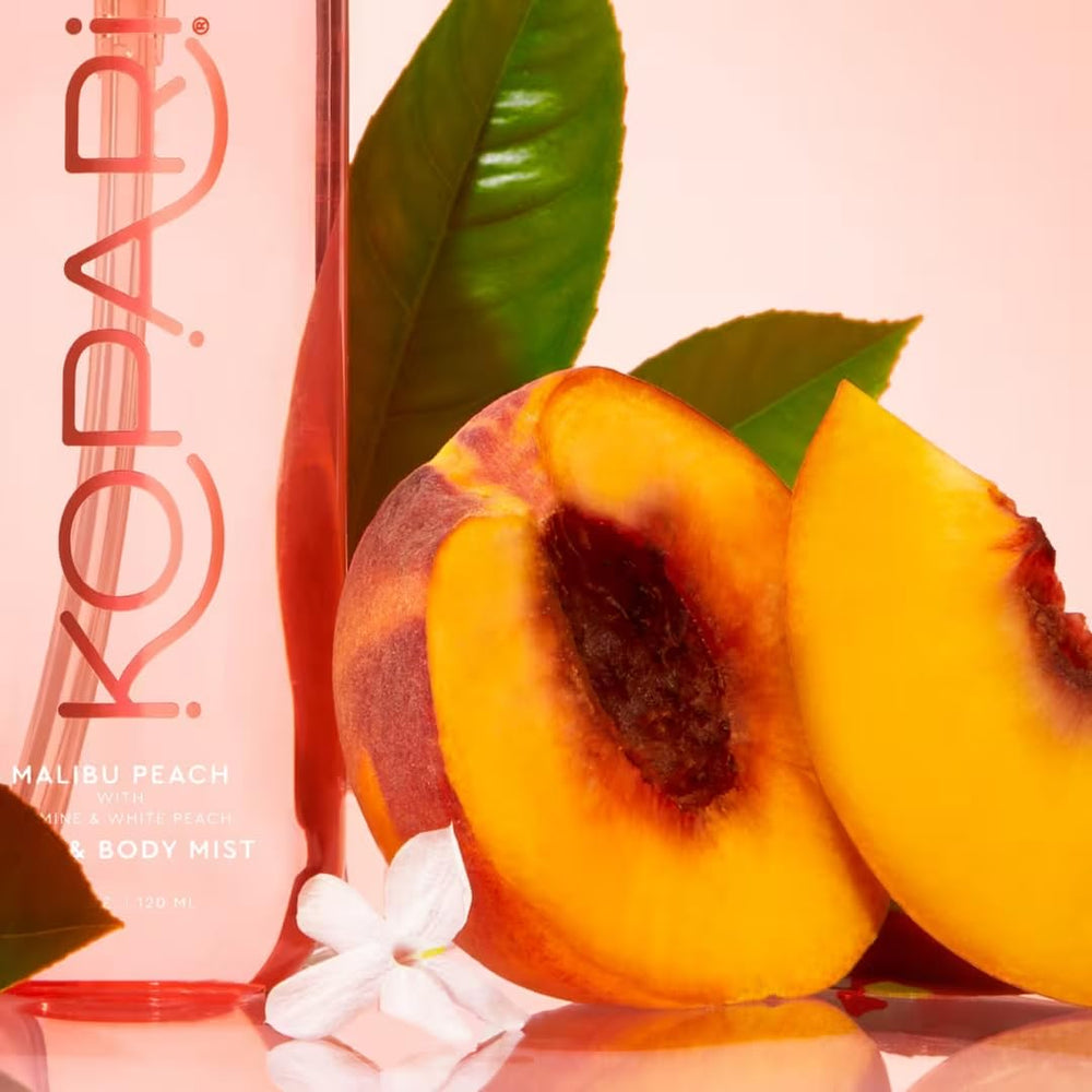 Kopari Malibu Peach ingredients visual featuring mango notes.
