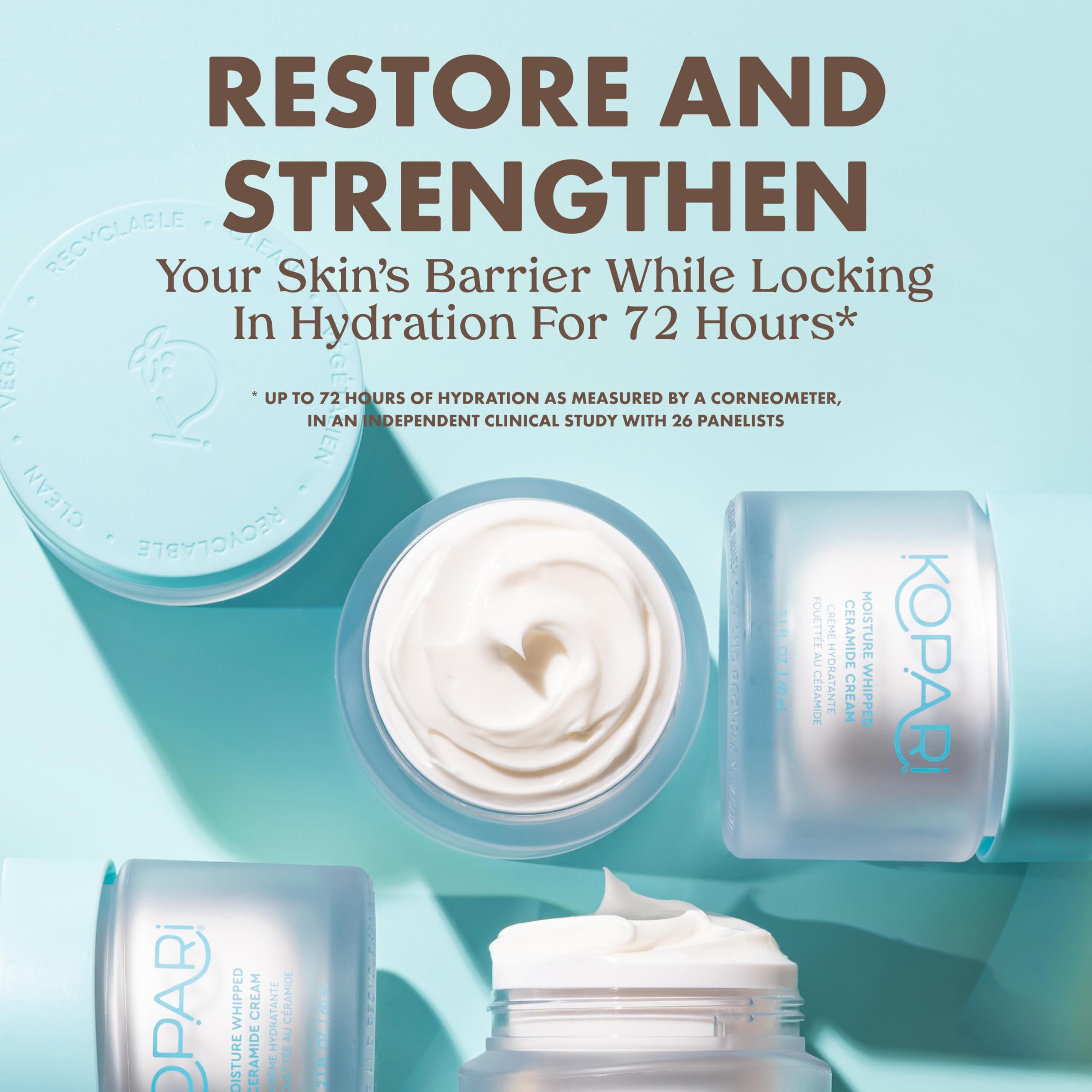 Kopari Moisture Whipped Ceramide Cream jar closeup highlights creamy texture.