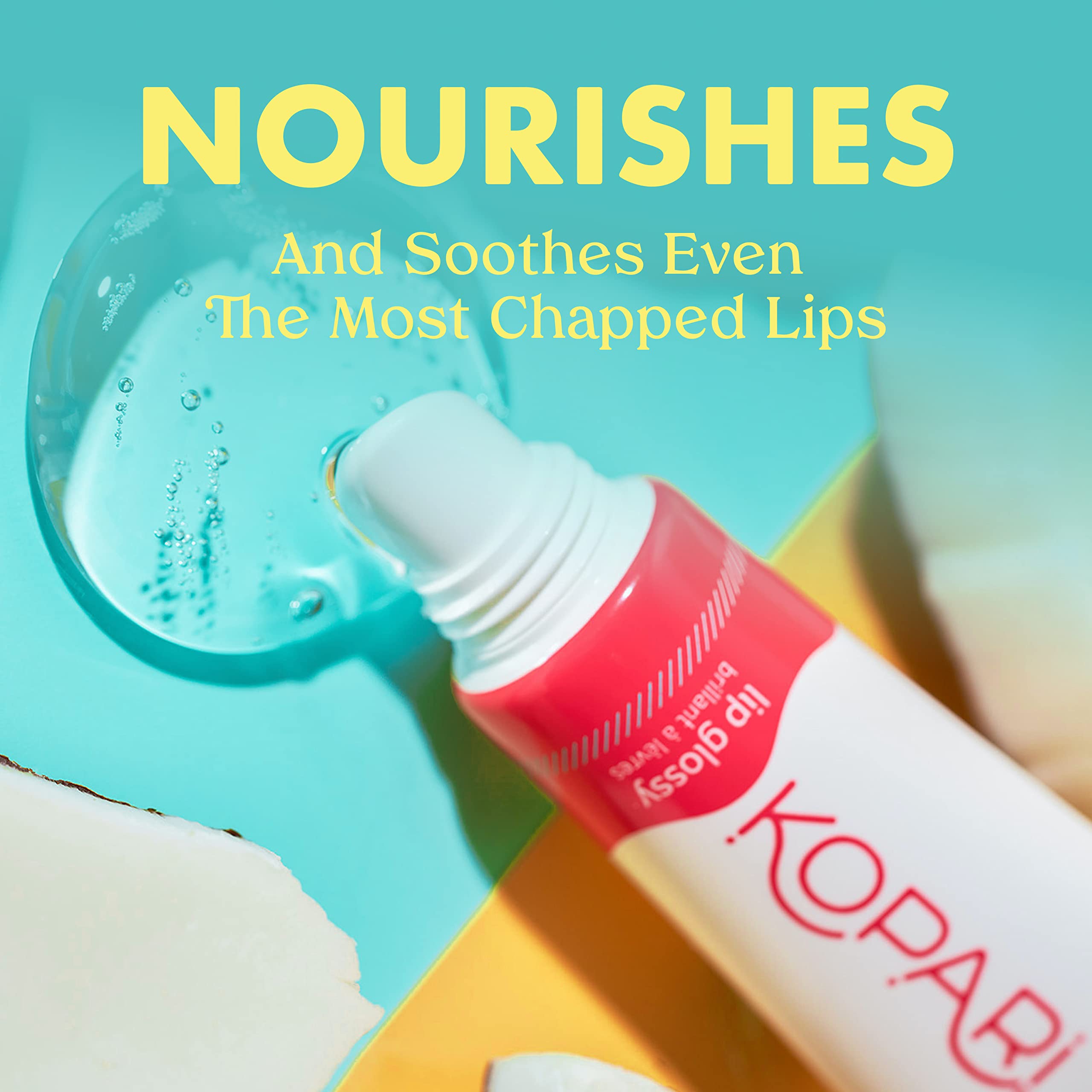 Kopari lip glossy bottle close-up highlights organic coconut oil ingredients.