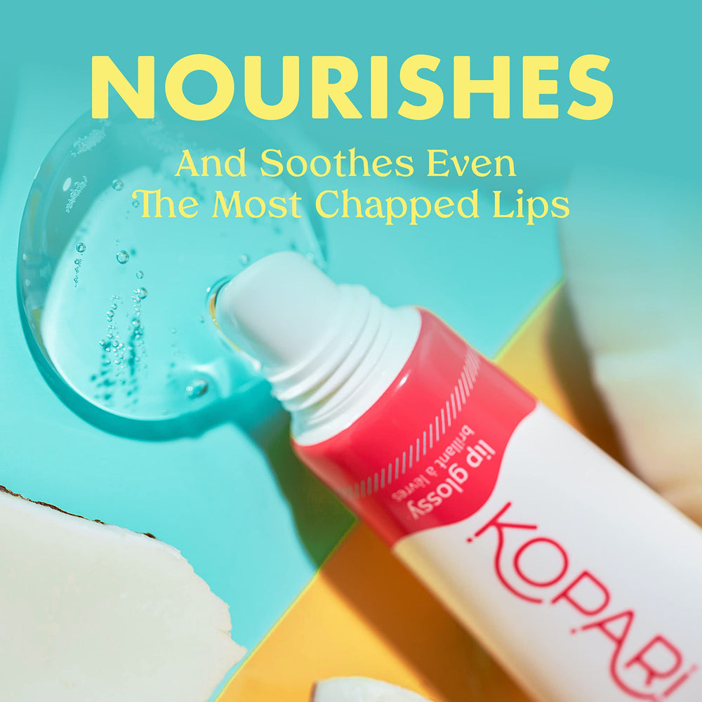 Kopari lip glossy bottle close-up highlights organic coconut oil ingredients.