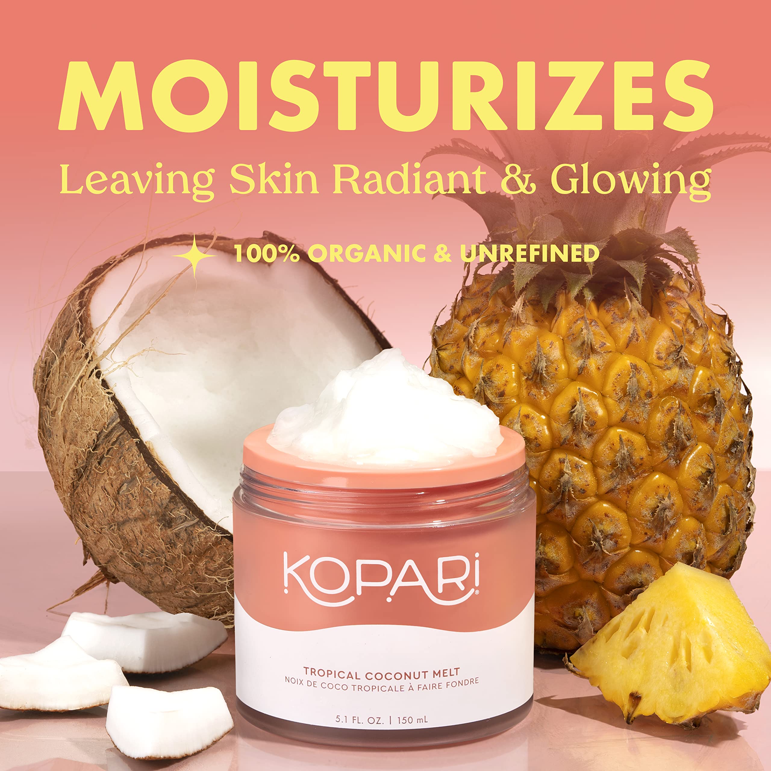 Kopari Organic Coconut Oil ingredients close-up highlighting fatty acids and antioxidants.