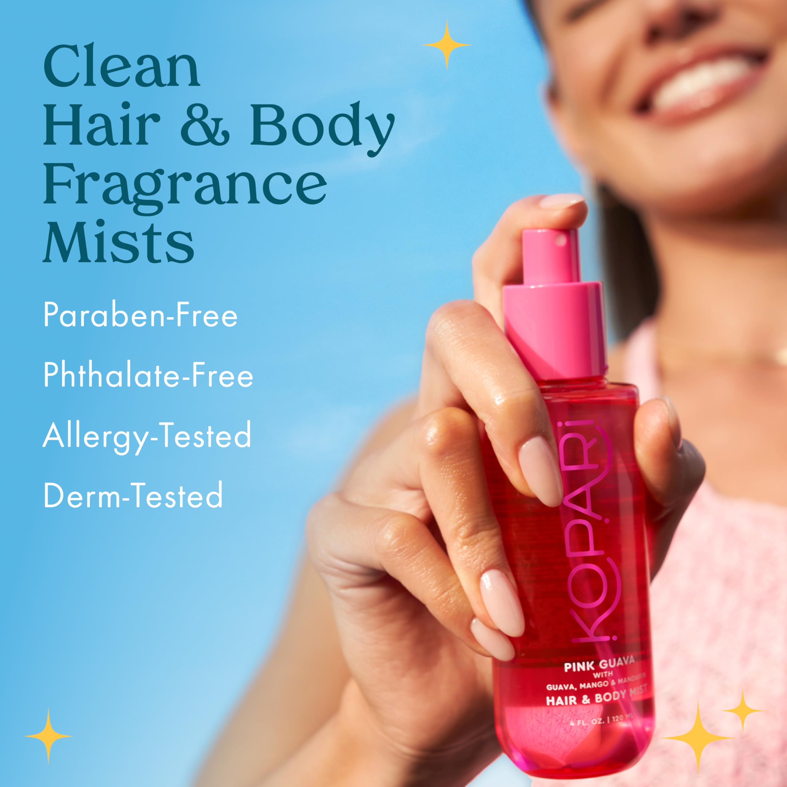 Kopari Pink Guava fragrance notes: guava, mango, mandarin for tropical mood.