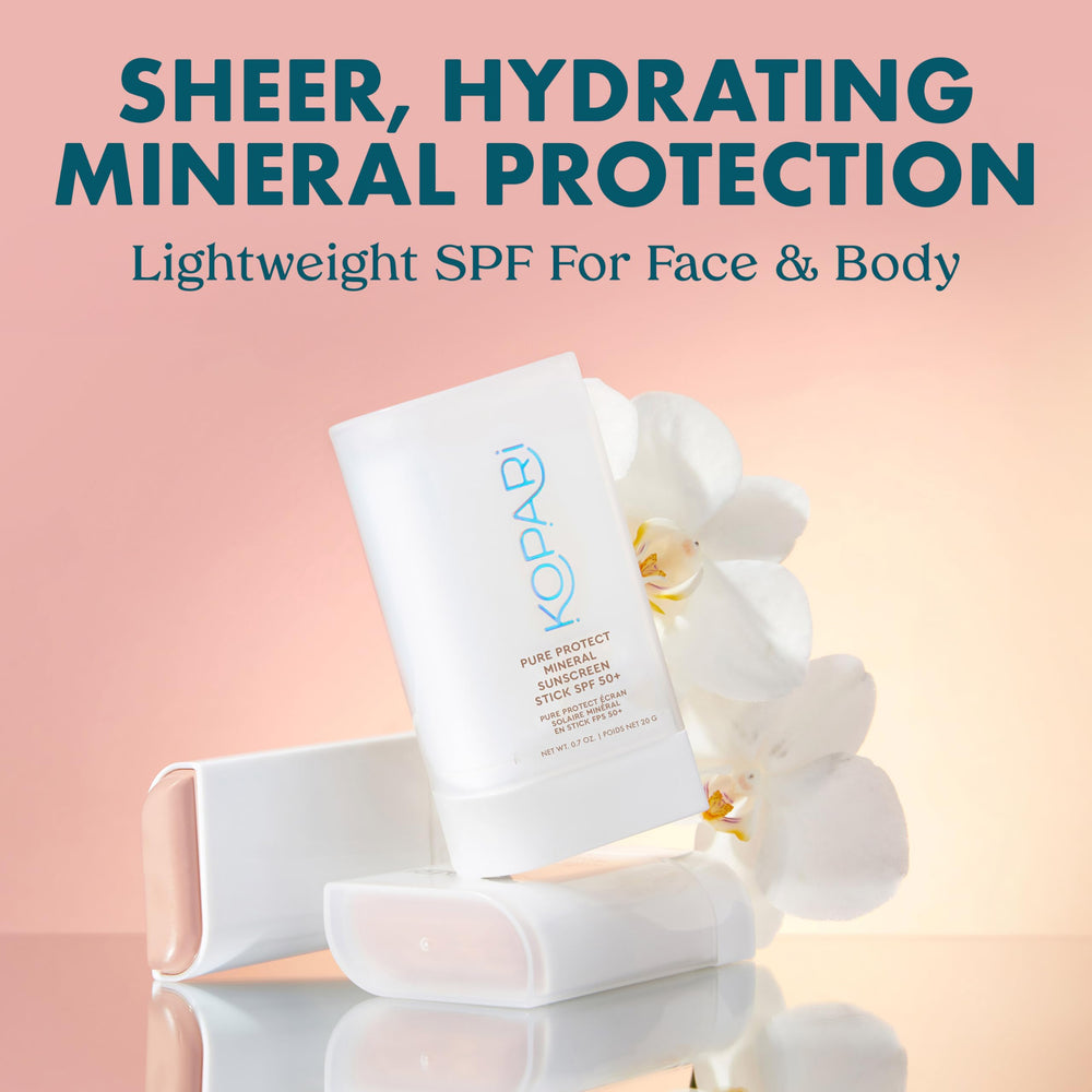 Kopari Pure Protect stick application on face delivers clear, fast-absorbing SPF.