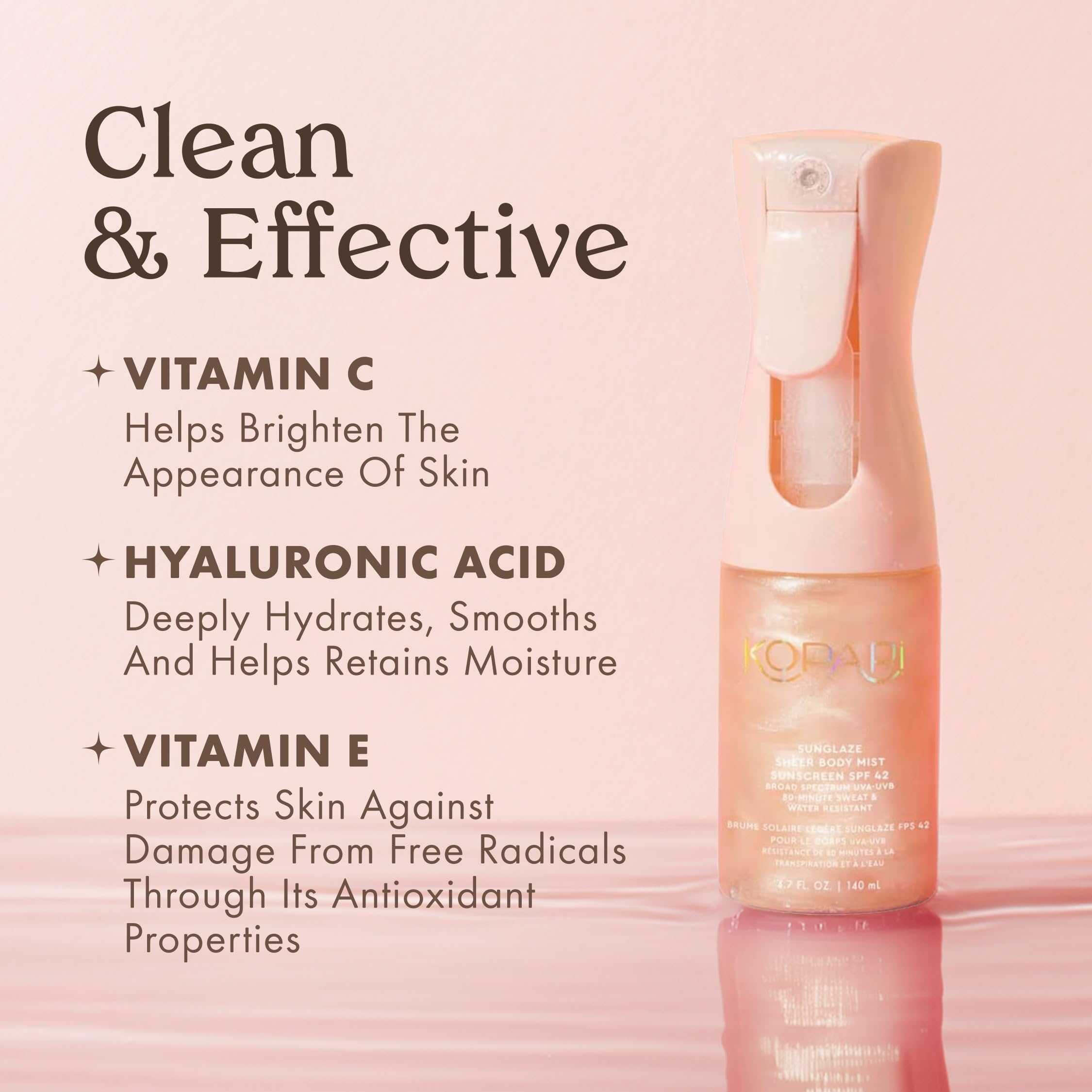 Kopari Rose Gold Sunglaze SPF 42 label closeup shows protection and glow