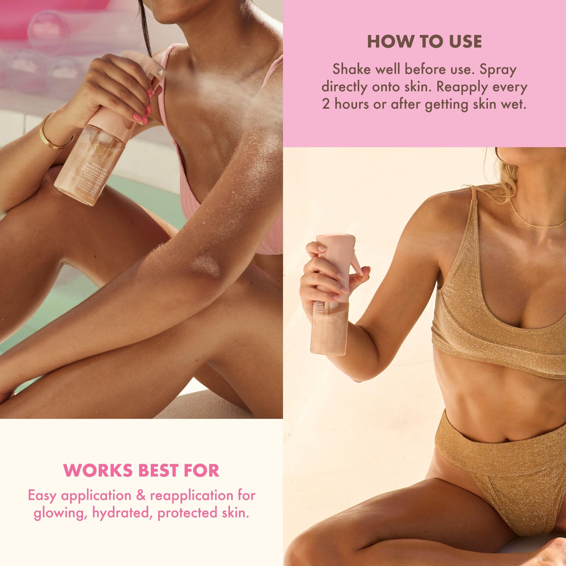 Kopari Rose Gold Sunglaze sunscreen spray in motion for easy reapplication