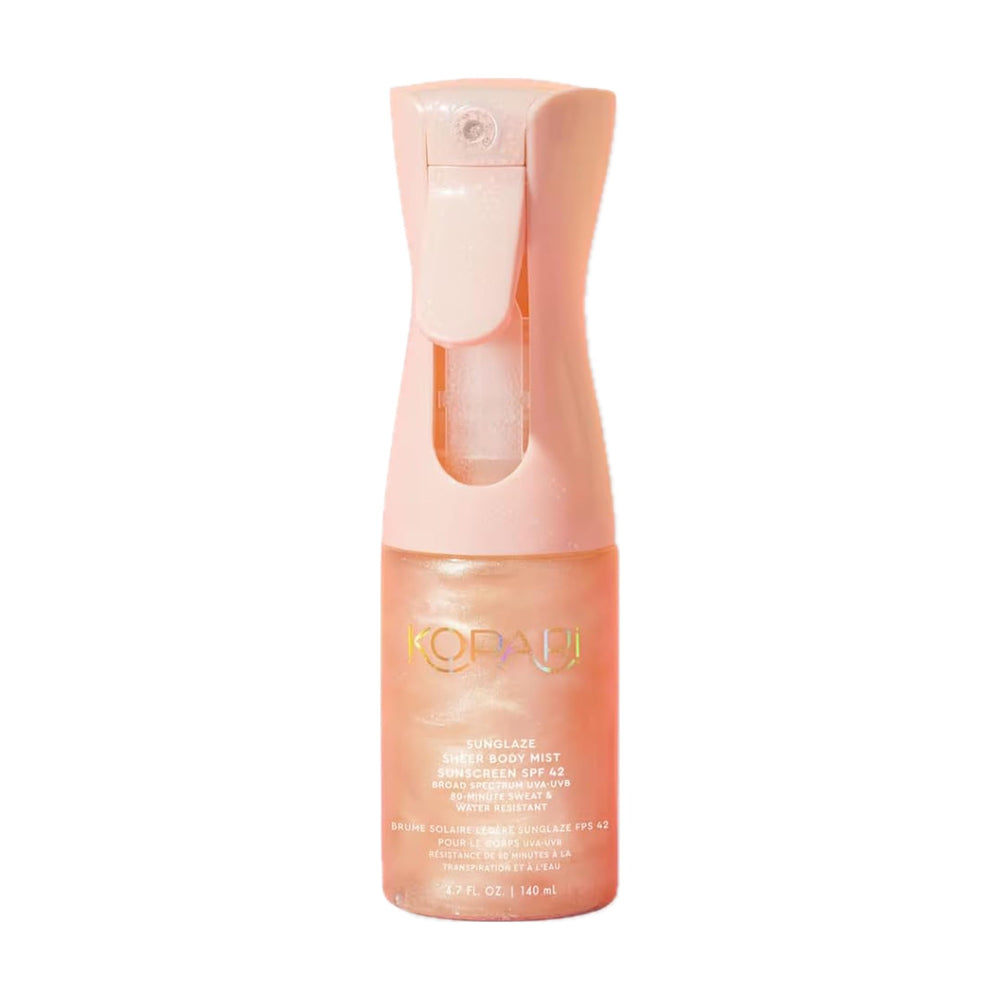 Kopari Rose Gold Sunglaze sunscreen spray provides lightweight protection with glow