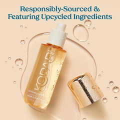 Sunlit scene shows the mist on skin for a warm, layered fragrance.