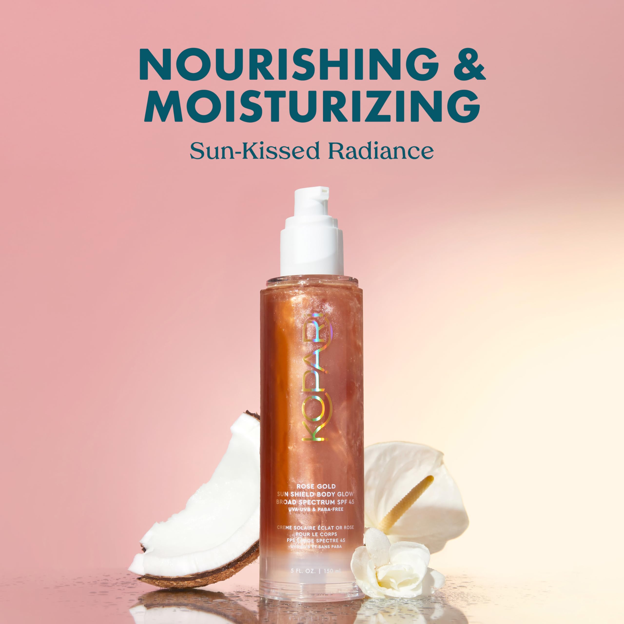 Kopari Sun Shield Body Glow dispensing pump demonstrates quick, non-sticky sun protection.