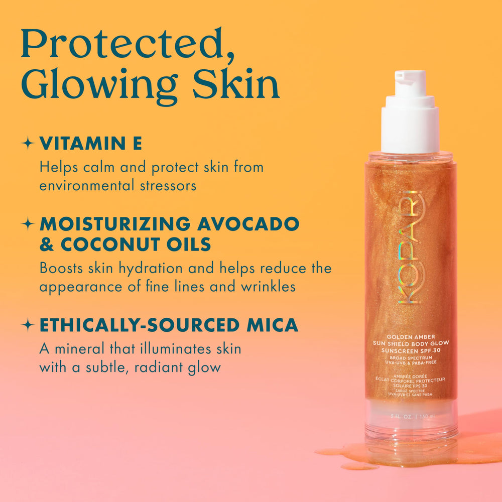 Kopari Sun Shield Body Glow rose-gold shimmer highlights natural radiance
