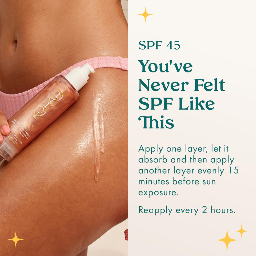 Kopari Sun Shield Body Glow SPF 45 label emphasizes protection with nourishing oils.