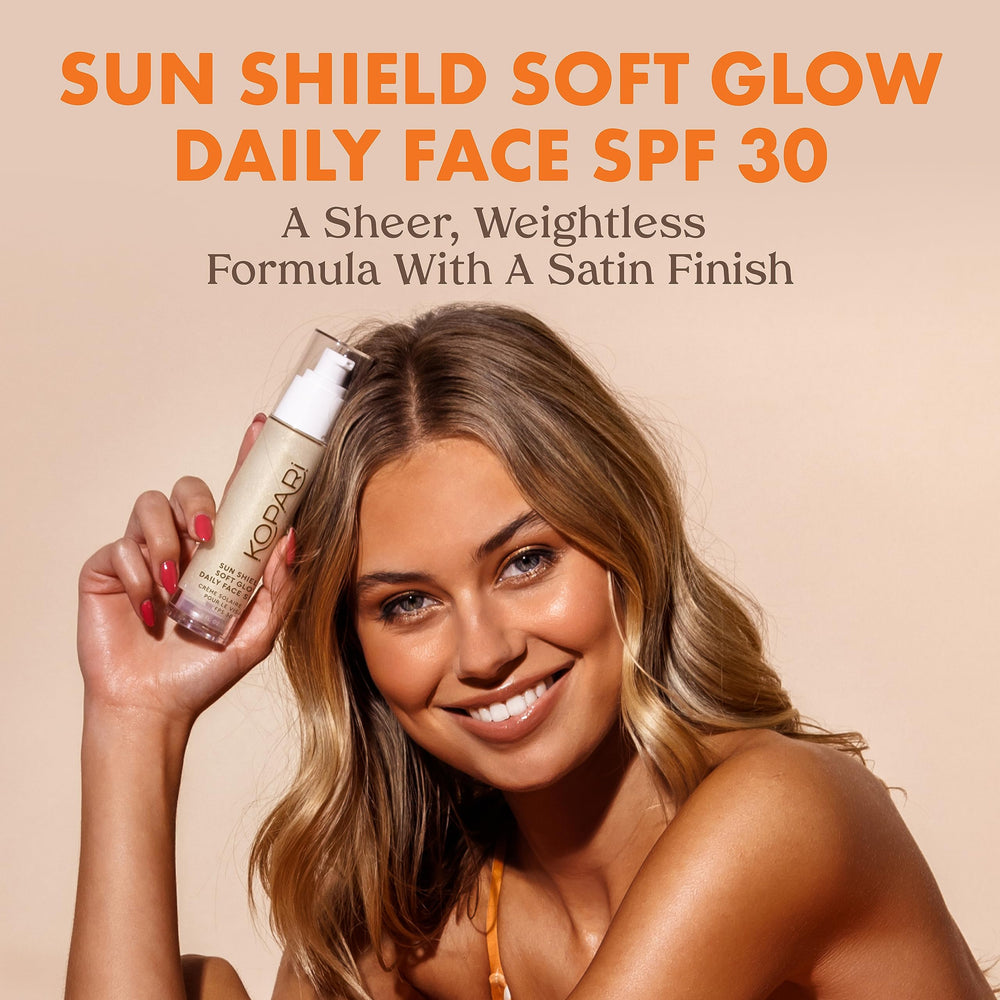 Close-up of Kopari Sun Shield Soft Glow gel texture for makeup-ready skin.