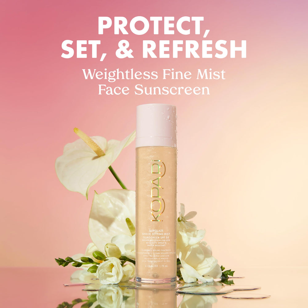 Kopari Sunglaze setting mist dispersion spray enables even makeup setting.