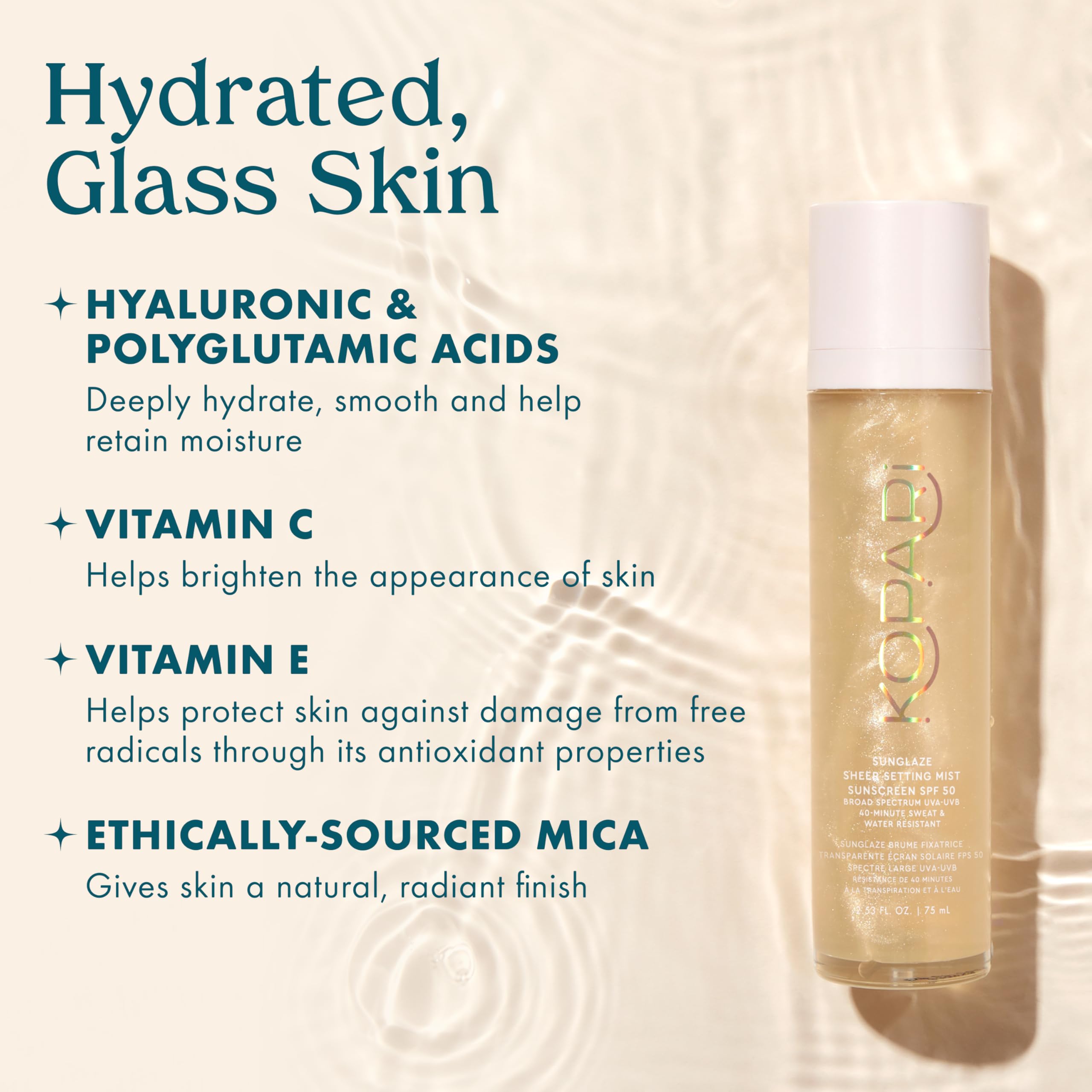 Kopari Sunglaze setting mist on-skin dewy finish with SPF 50 protection.