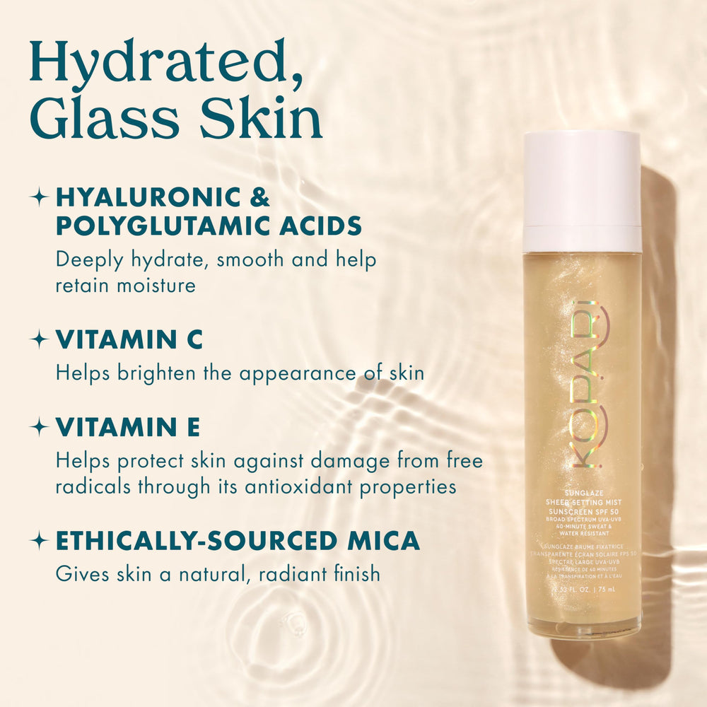 Kopari Sunglaze setting mist on-skin dewy finish with SPF 50 protection.