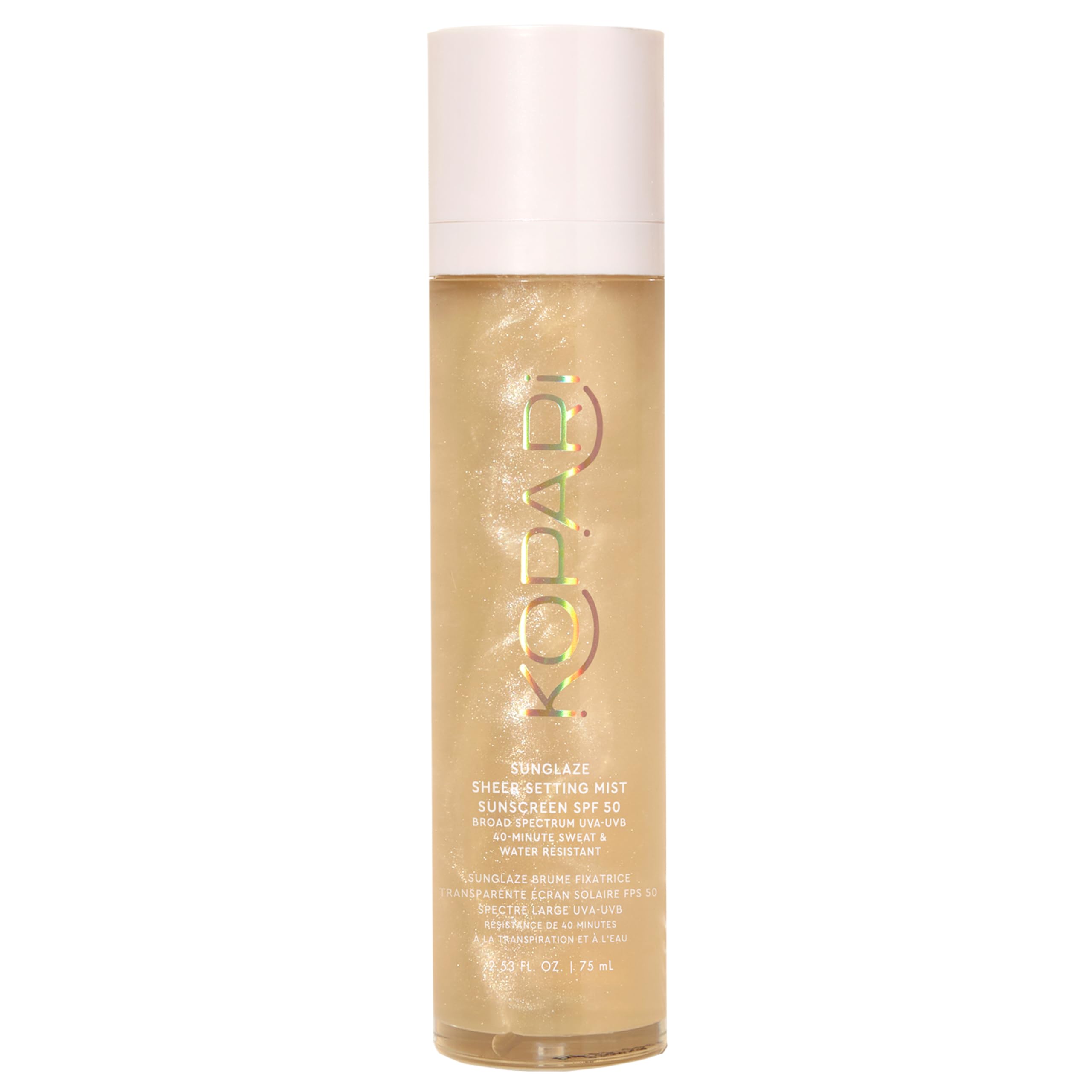 Kopari Sunglaze setting mist packaging close-up for SPF 50 protection and daily use.