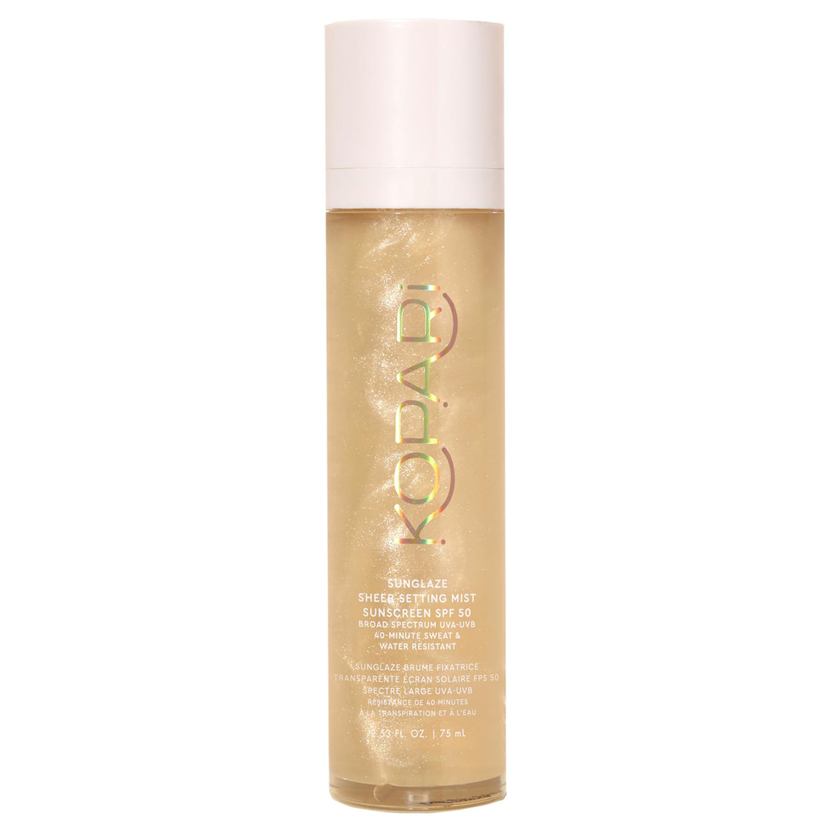 Kopari Sunglaze setting mist packaging close-up for SPF 50 protection and daily use.