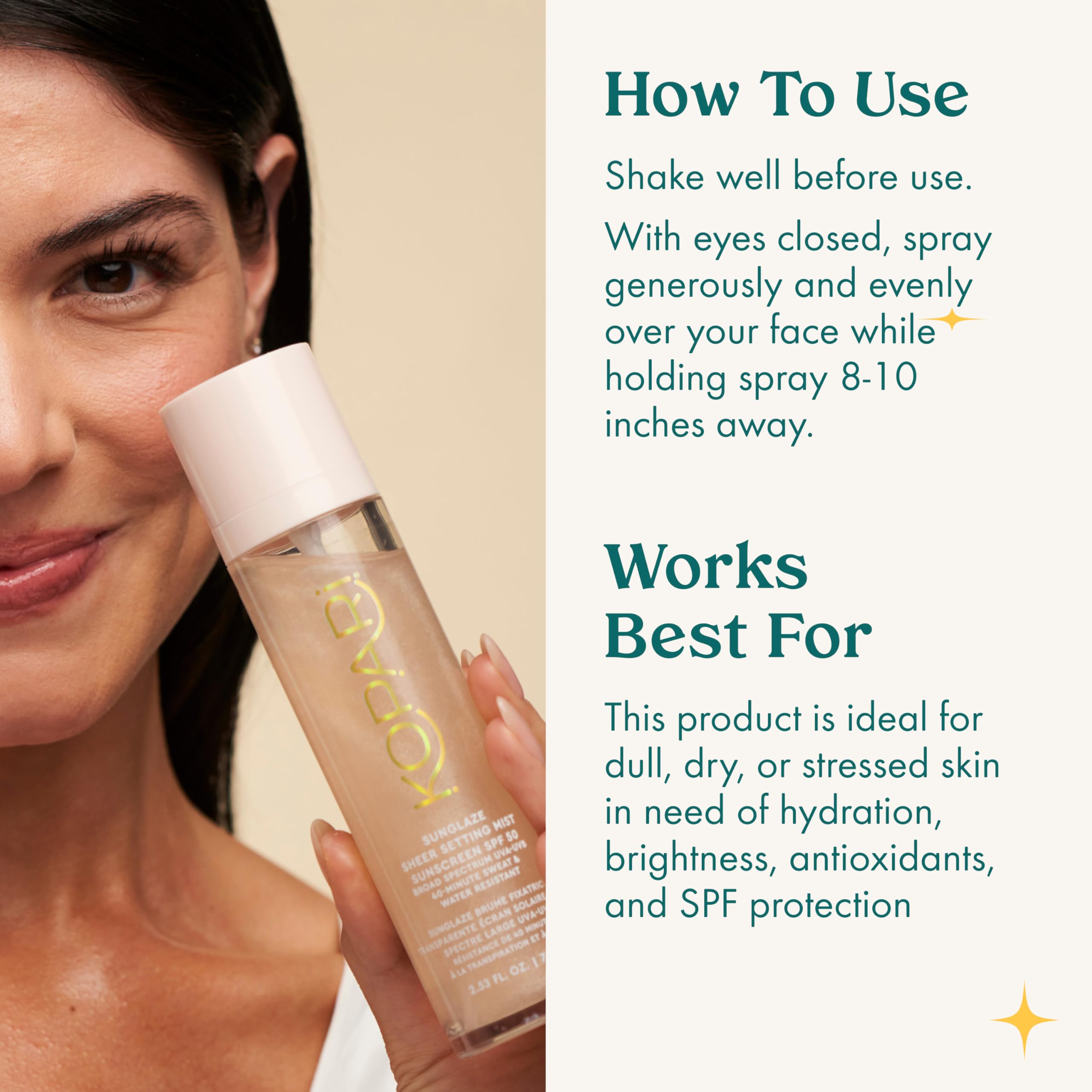 Kopari Sunglaze setting mist SPF 50 for daily refresh and protection.