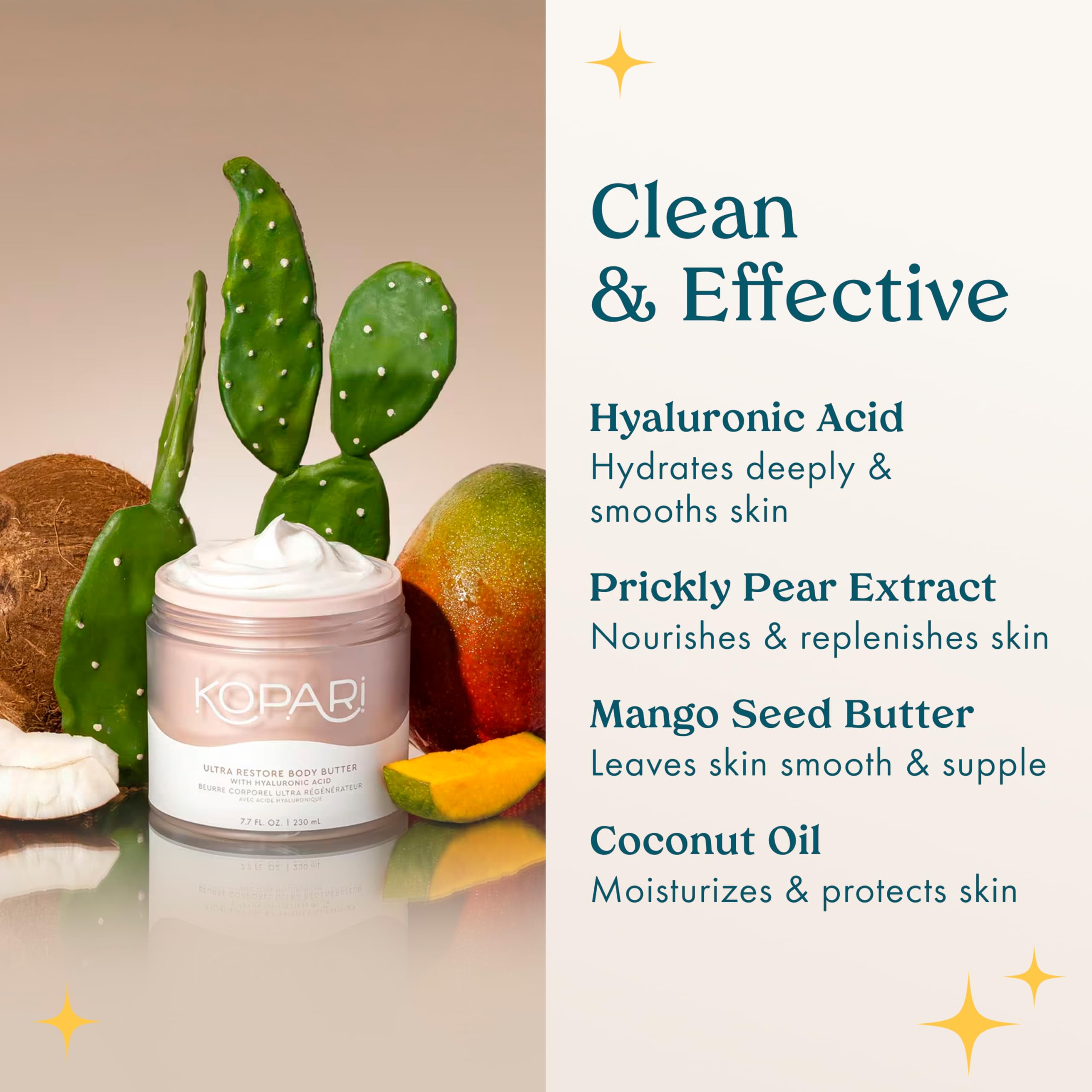 Kopari Ultra Restore Butter coconut fragrance on cream surface for a tropical scent.
