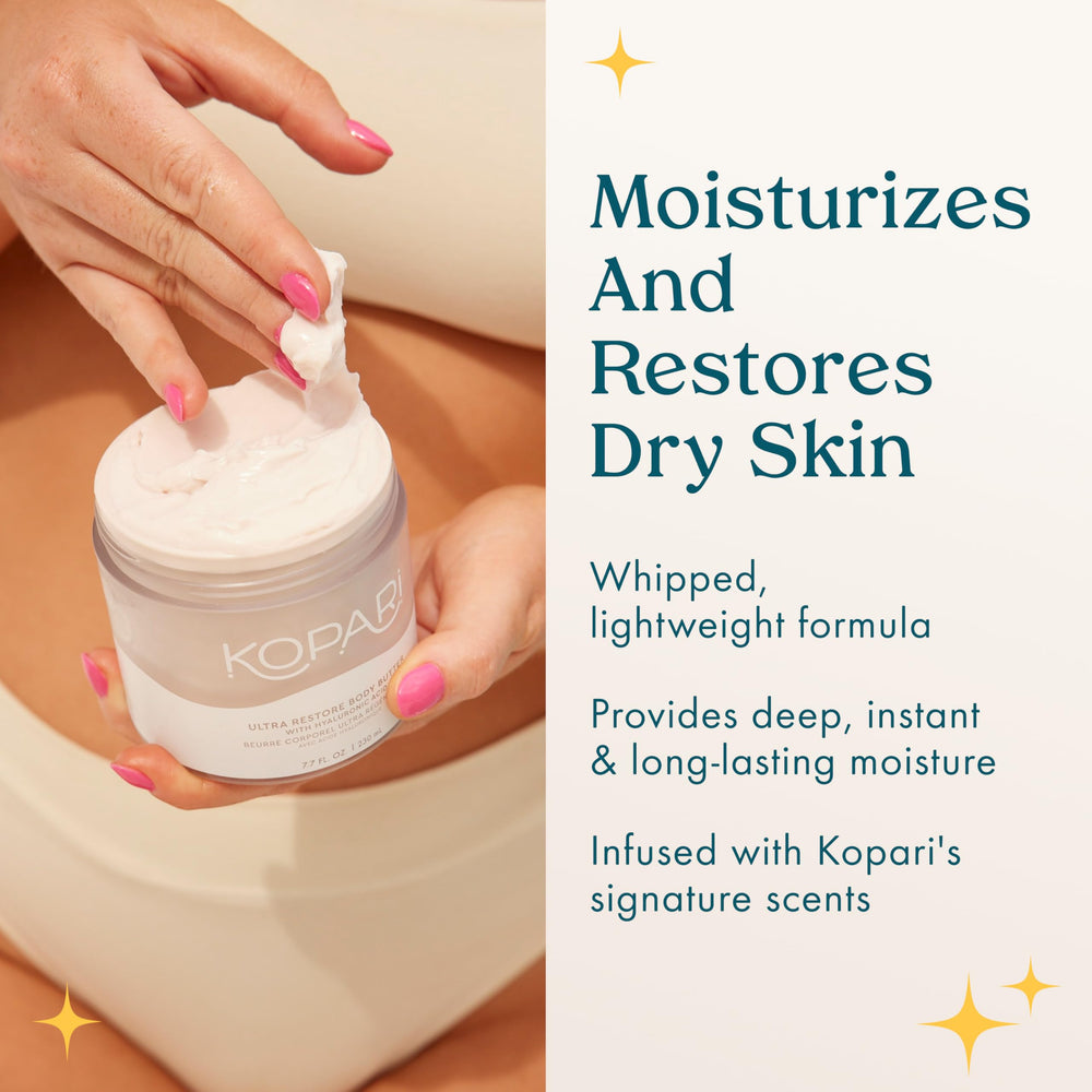 Kopari Ultra Restore Butter with hyaluronic acid for hydration retention and supple skin.