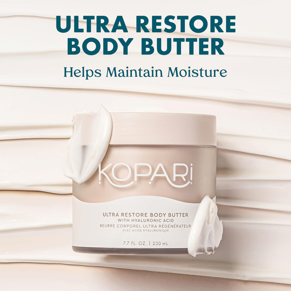Kopari Ultra Restore Butter texture swirl highlighting whipped formula and quick absorption.