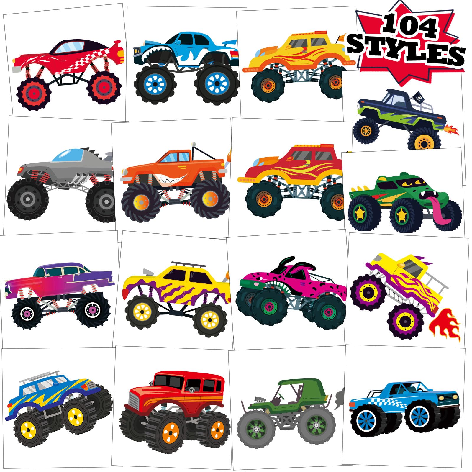 Kopokita monster truck tattoos with assorted patterns for endless party fun.