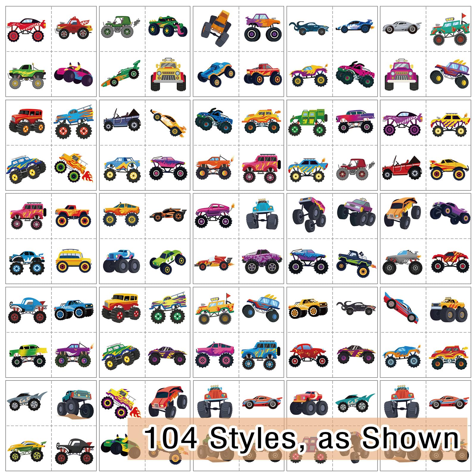 Kopokita monster truck tattoos with self-cut lines for quick, safe application.