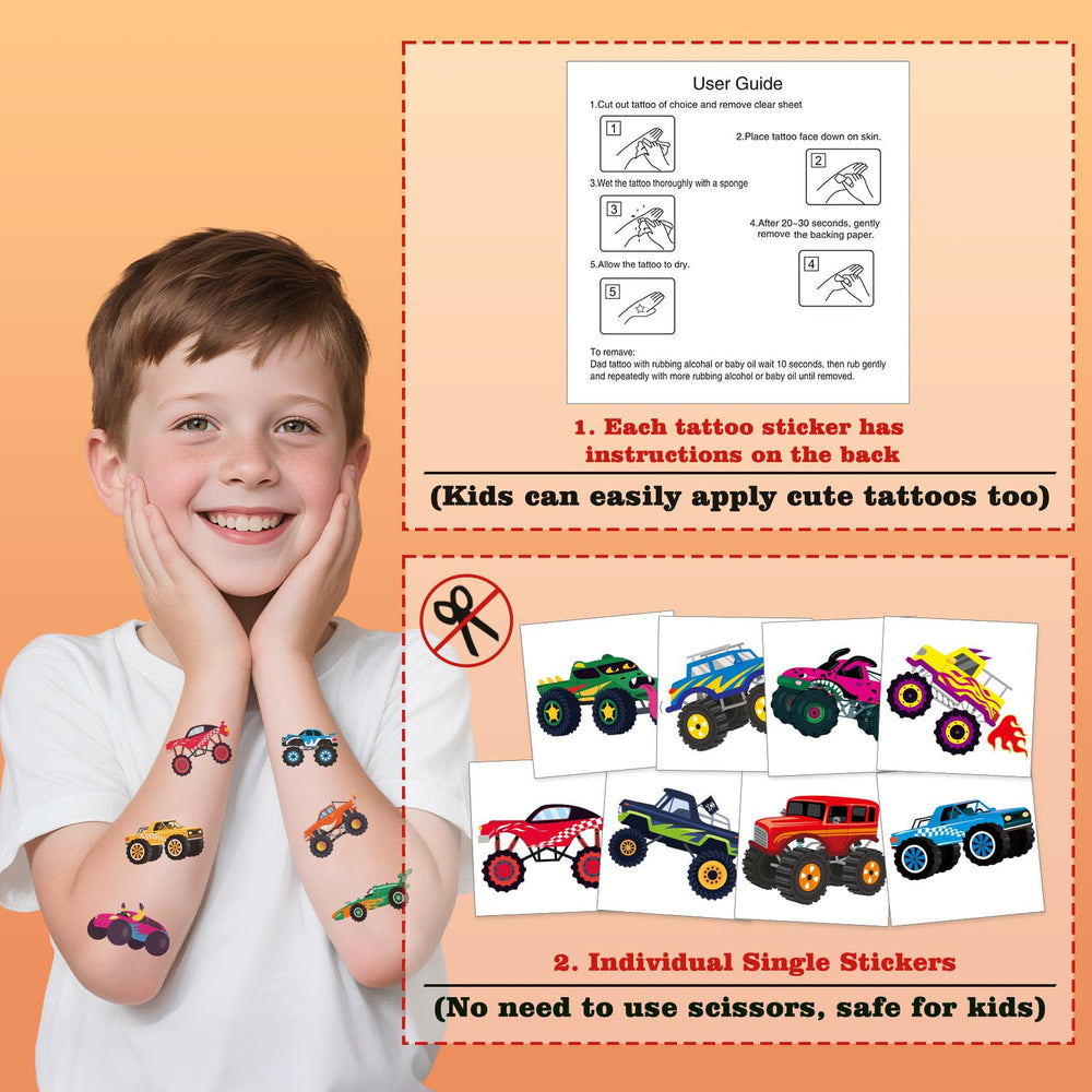 Kopokita monster truck tattoos ideal decorations and interactive activities.