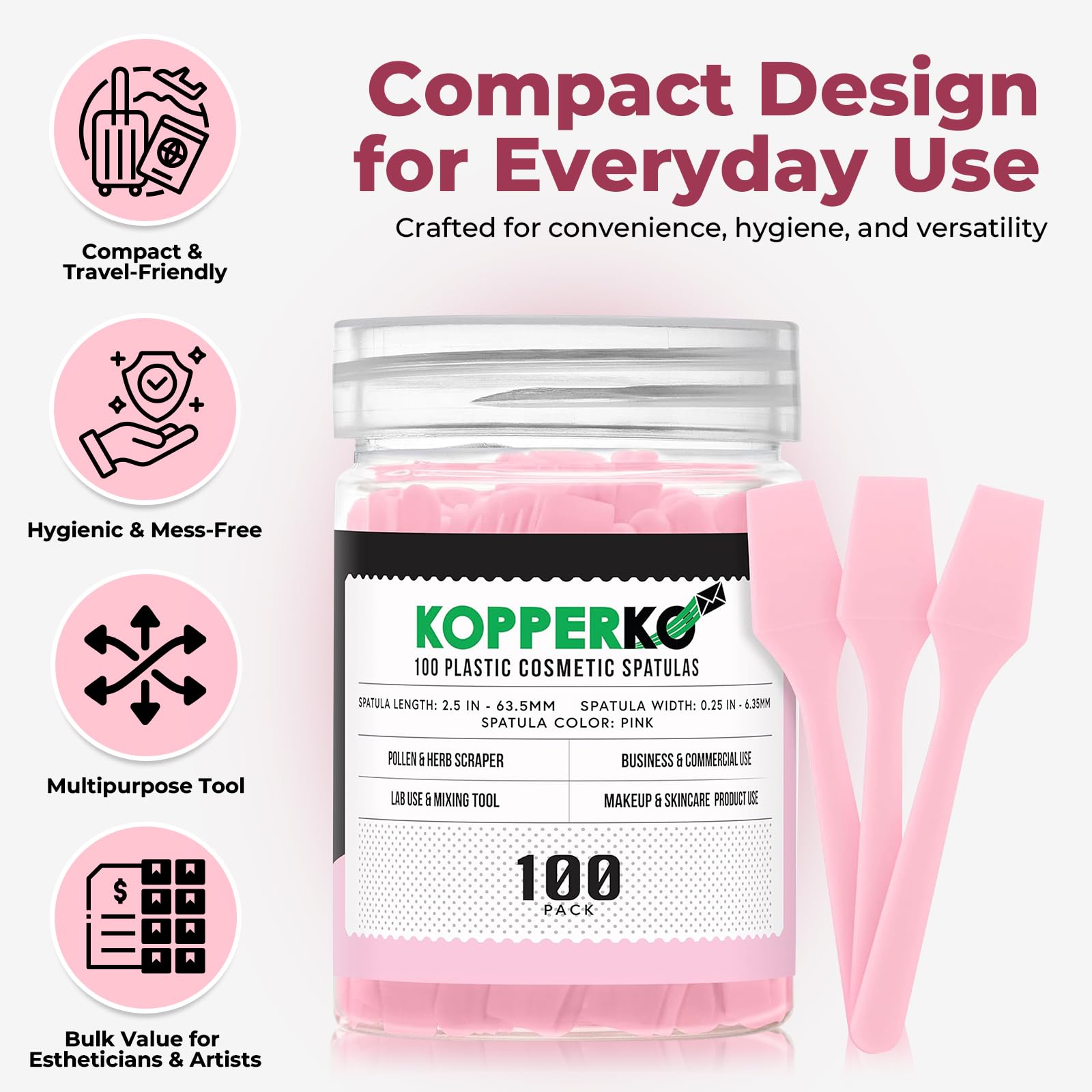 Kopperko pink mini plastic spatula ideal for on-the-go makeup application.