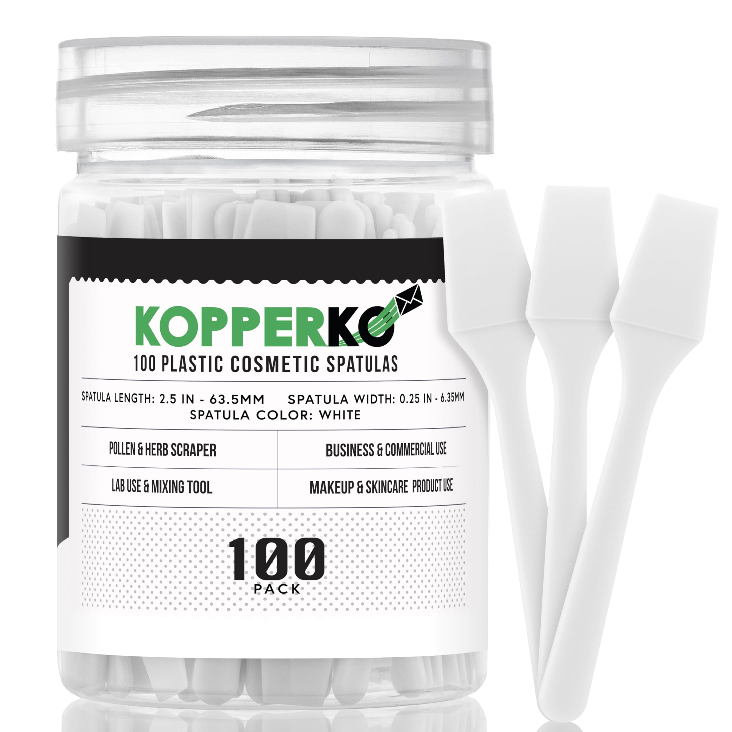 Kopperko mini spatula 100-pack white tip for precise, mess-free product extraction.