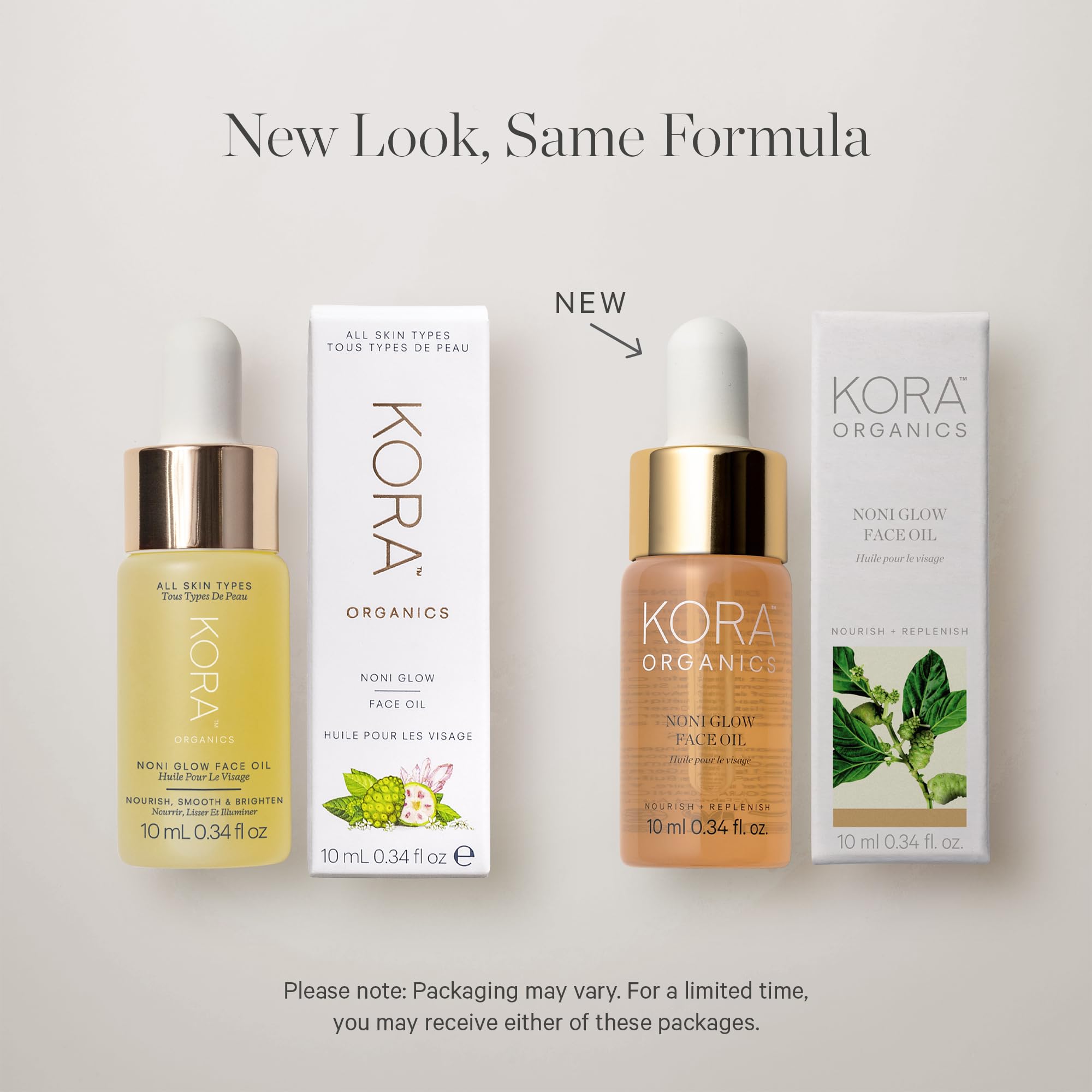 KORA Organics Noni Glow Face Oil dropper releasing a lightweight serum.
