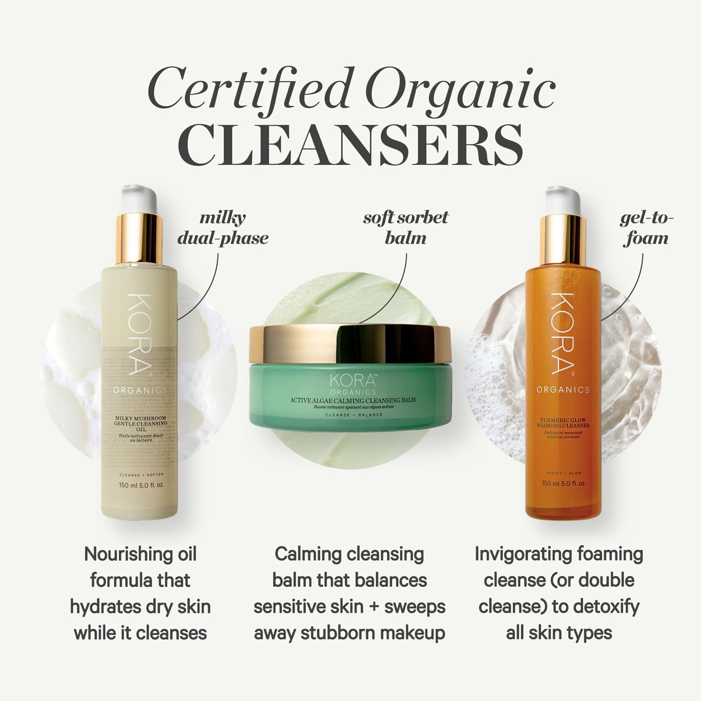 KORA Organics Turmeric Glow Cleanser ingredients label highlighting turmeric and aloe for organic care.