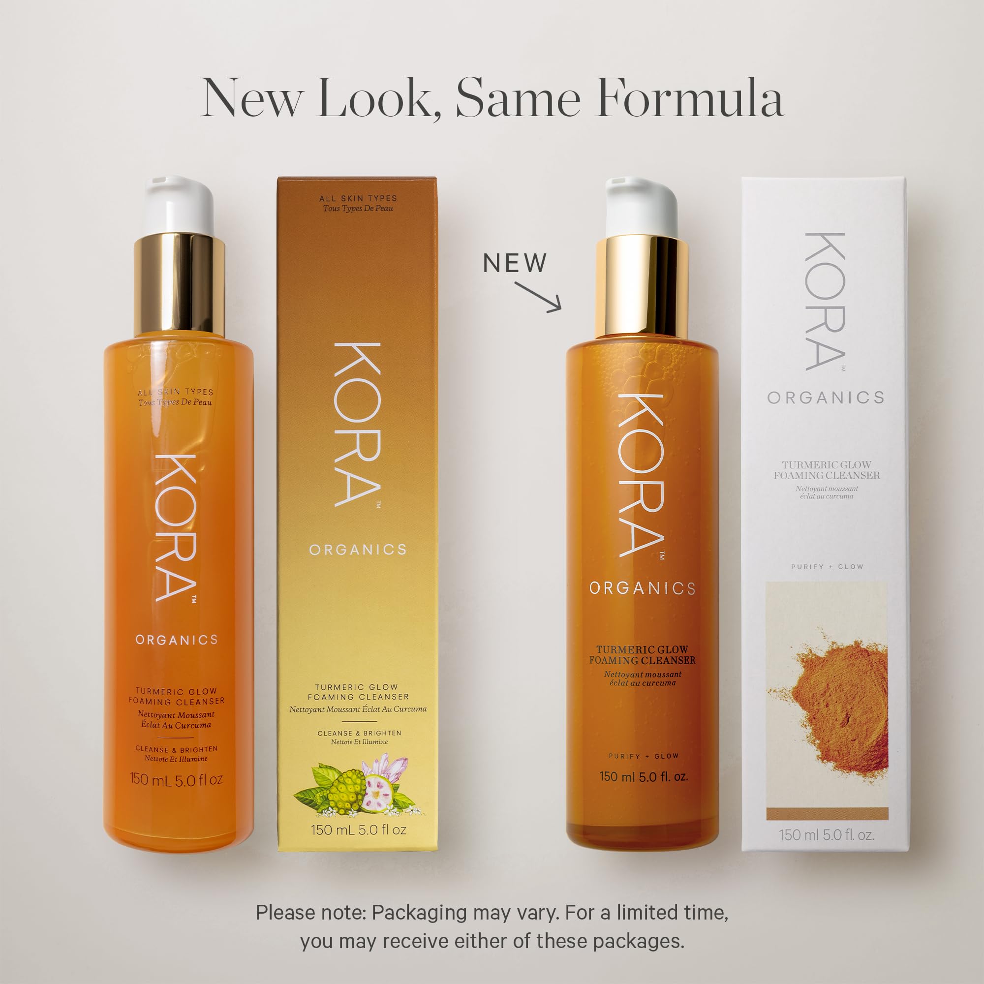 KORA Organics Turmeric Glow packaging close-up highlighting organic credentials and clean beauty.