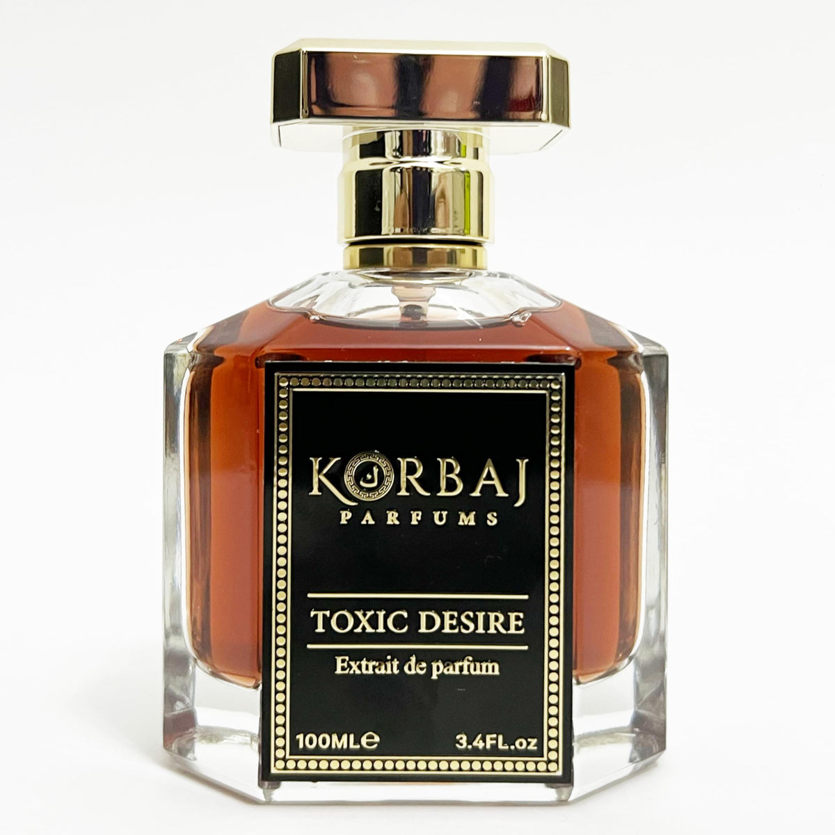 KORBAJ PARFUMS Toxic Desire bottle close-up shows premium unisex scent design